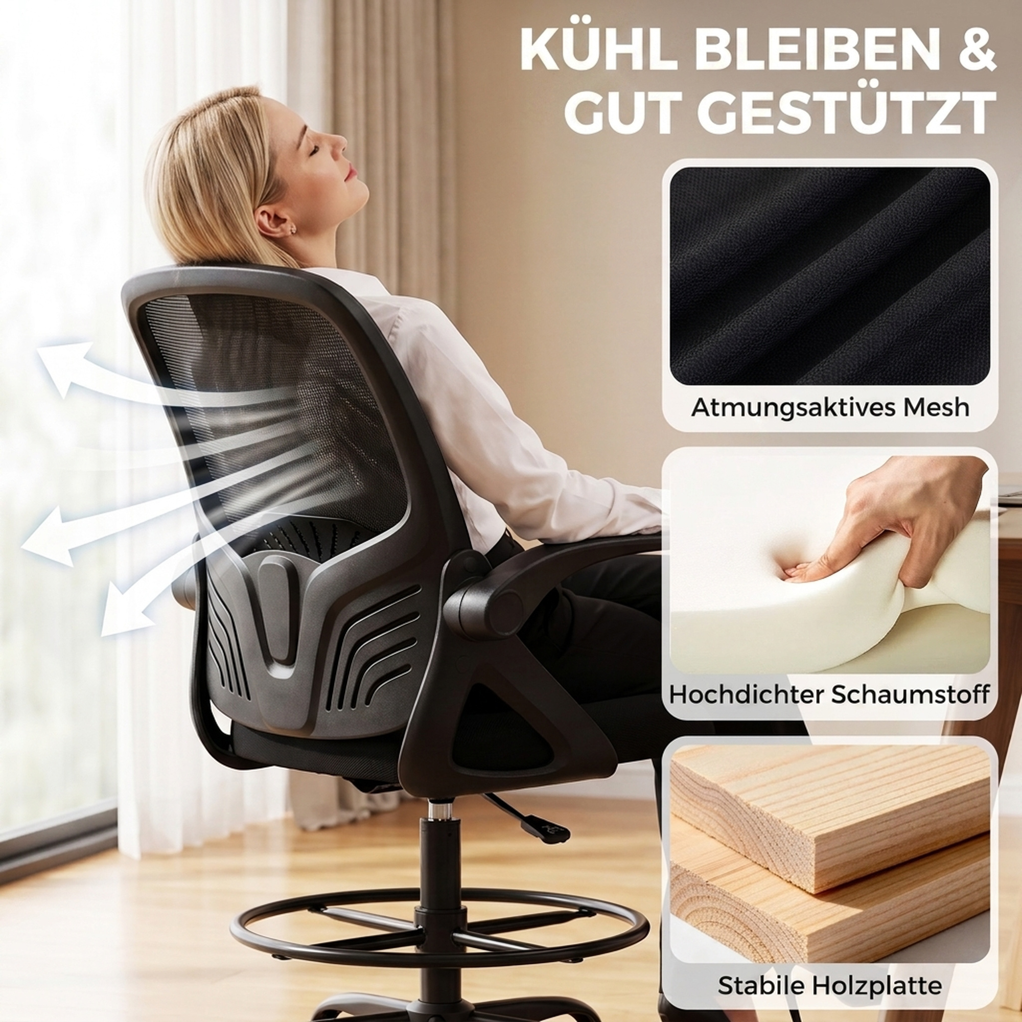 Piirustustuoli käsinojilla, verkkokangas, musta, 65 x 59 x 104-124 cm - Image 7