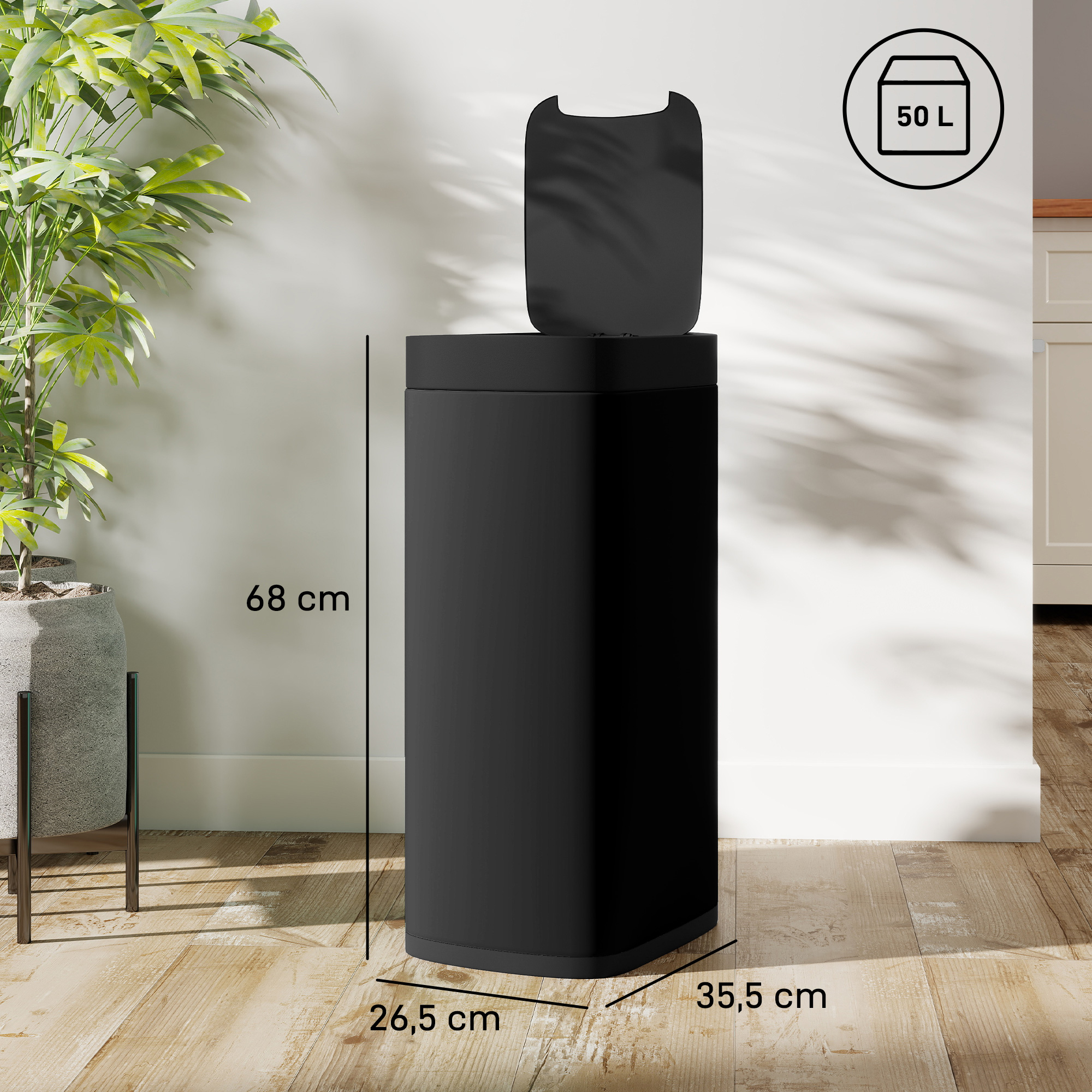 Sensorinė šiukšliadėžė, 50 l, juoda, metalas ir ABS, 26,5 x 35,5 x 68 cm - Image 3