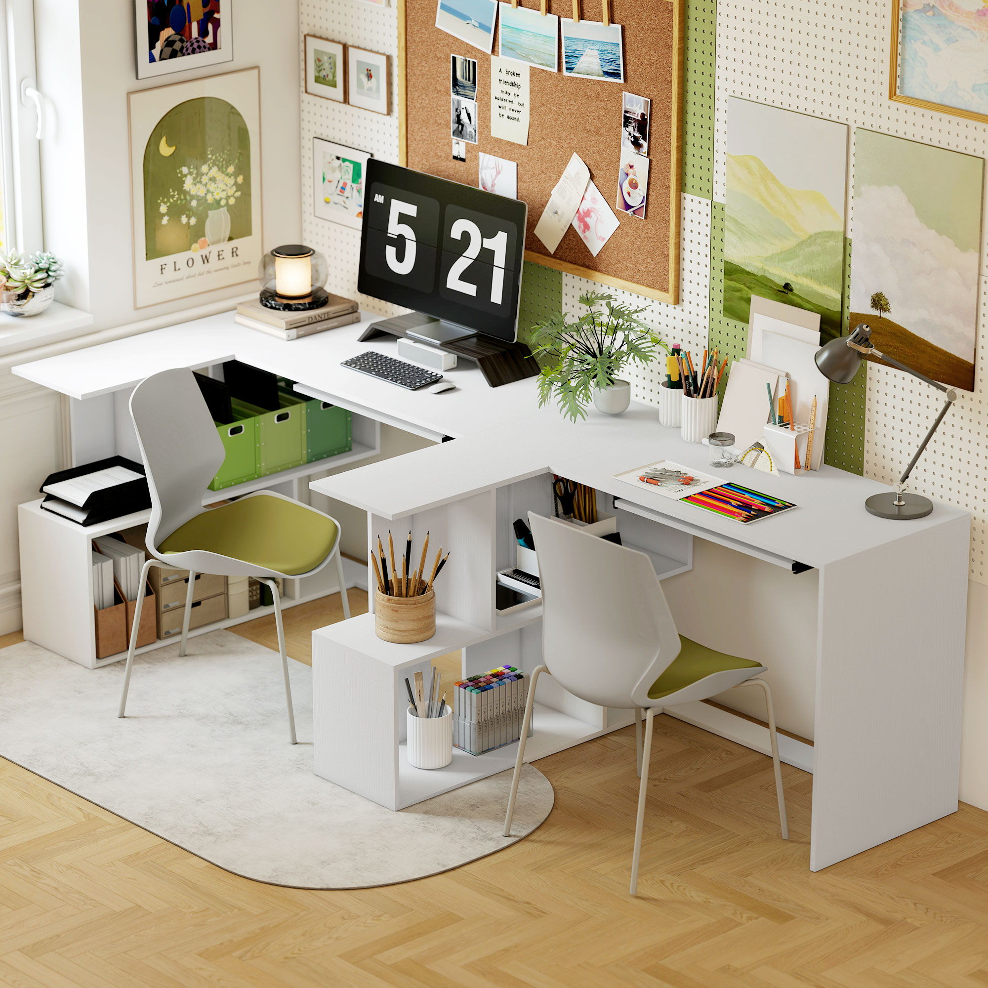 Stūra rakstāmgalds ar tastatūras plauktu un atvērtiem plauktiem, balta koka imitācija, 120 x 100 x 76 cm - Image 7