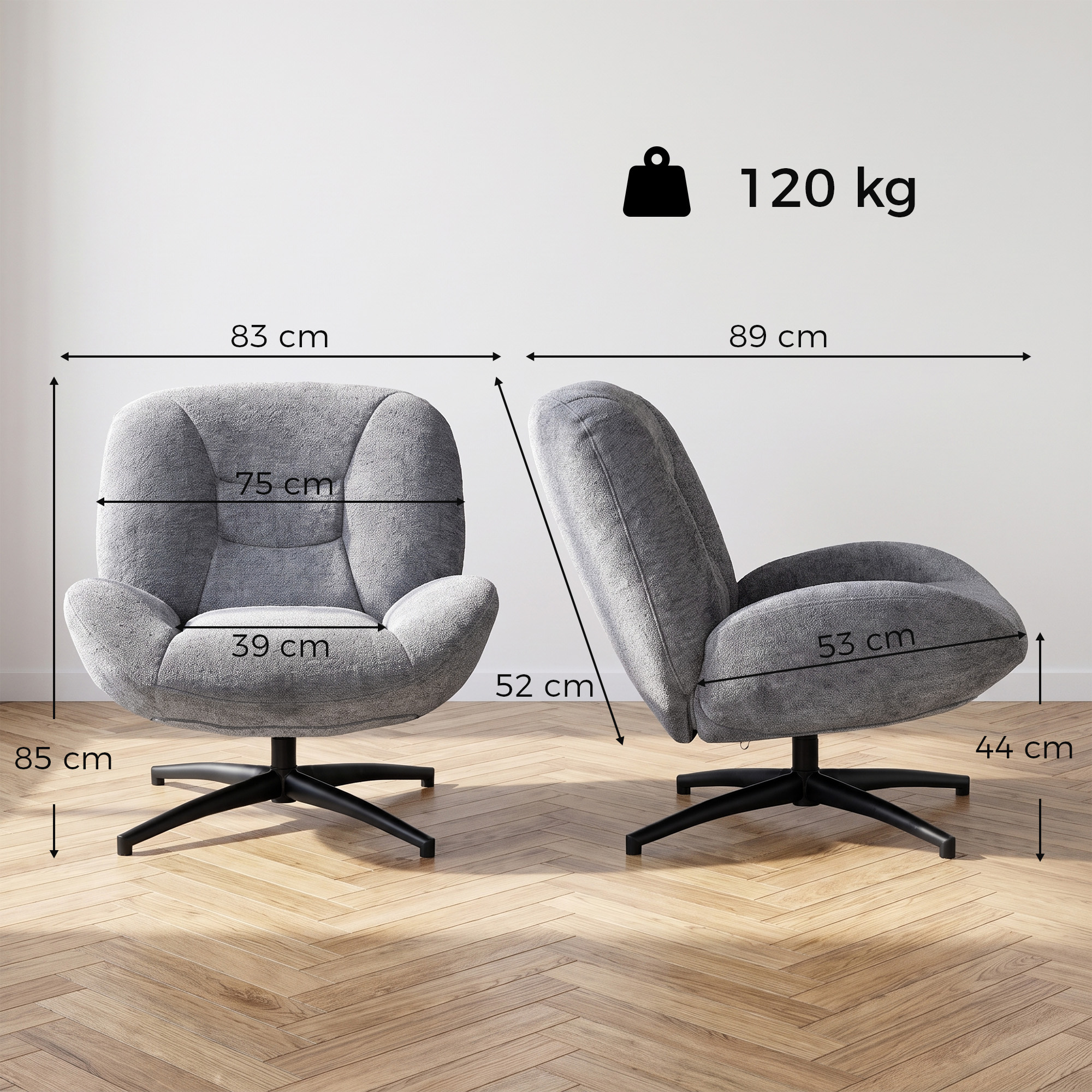 Grozāms atpūtas krēsls ar integrētiem roku balstiem, tumši pelēks, 83 x 89 x 85 cm - Image 3