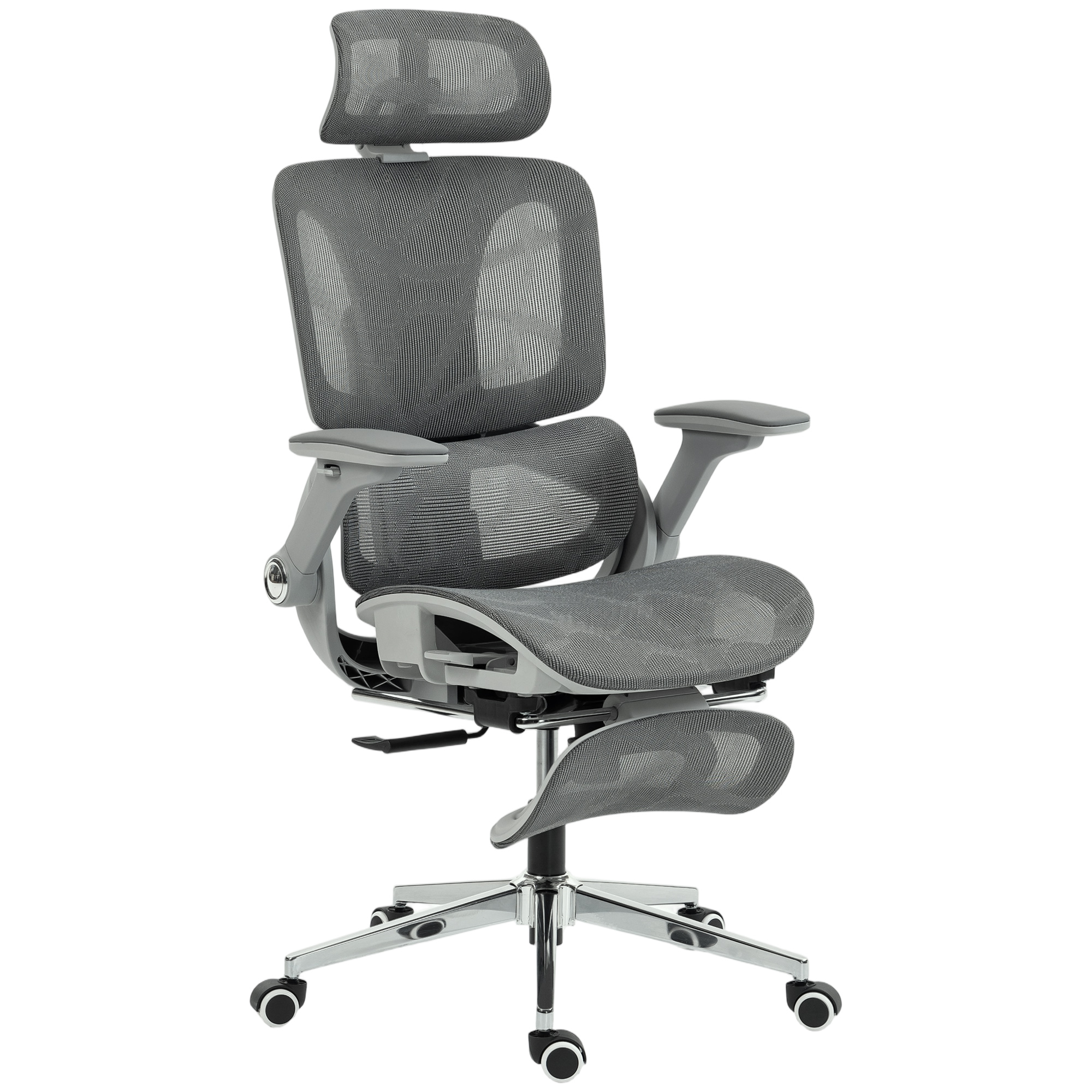 Ergonominė biuro kėdė su tinkliniu atlošu, juosmens atrama ir 4D pakeliamais porankiais, pilka, 67 x 74 x 113-132 cm