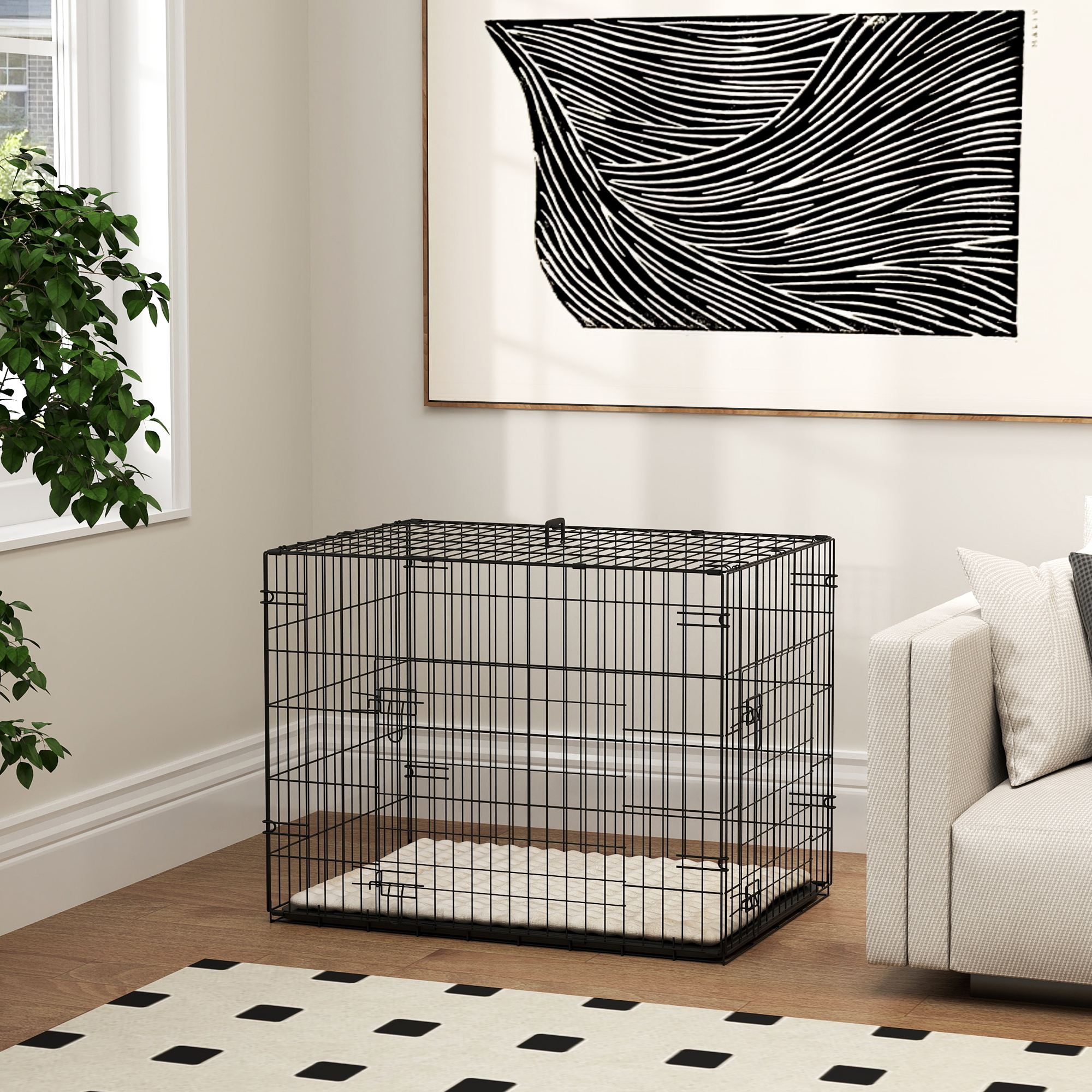 Kokoontaitettava koirahäkki 2 ovella, ulosvedettävällä pohjatarjottimella ja tyynyllä, 75 x 48,5 x 53 cm, musta - Image 8