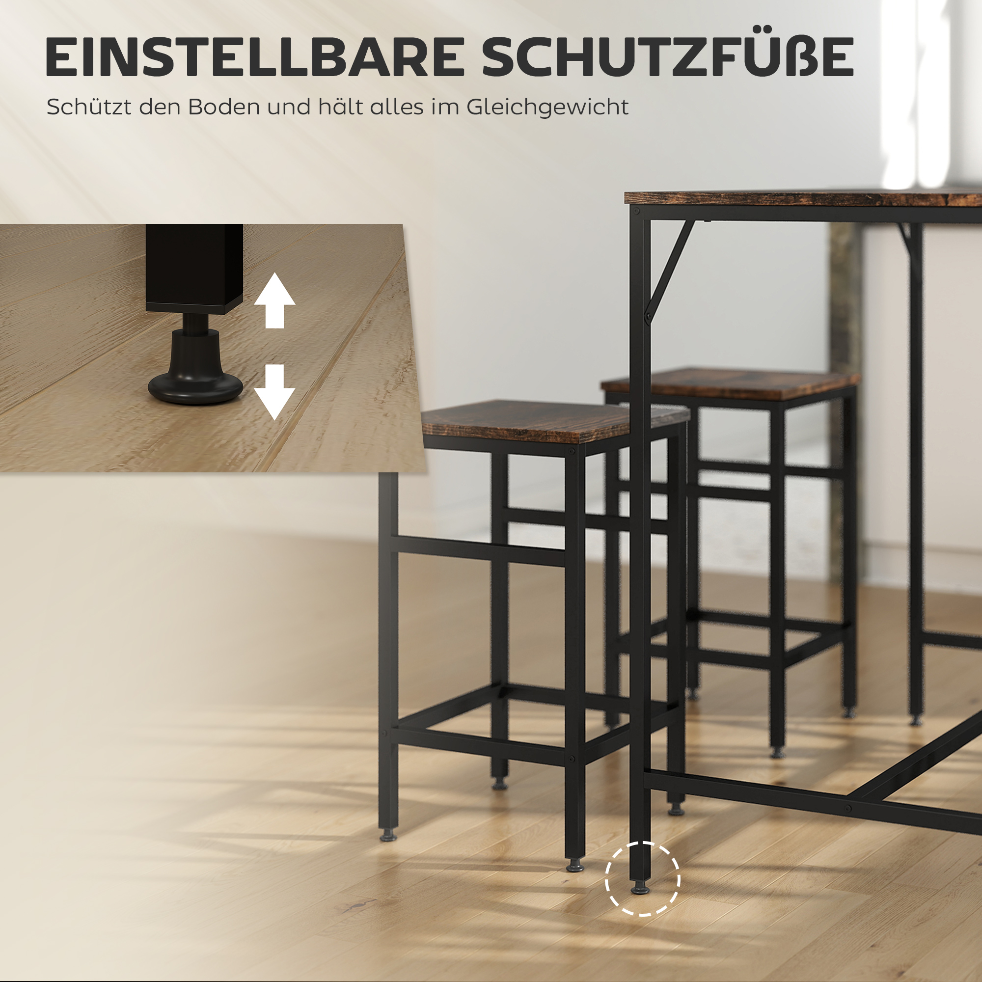 5 daļu bāra galda komplekts ar 4 taburetēm, rustic brūns un melns, MDF un tērauds, 100 x 60 x 88 cm - Image 6