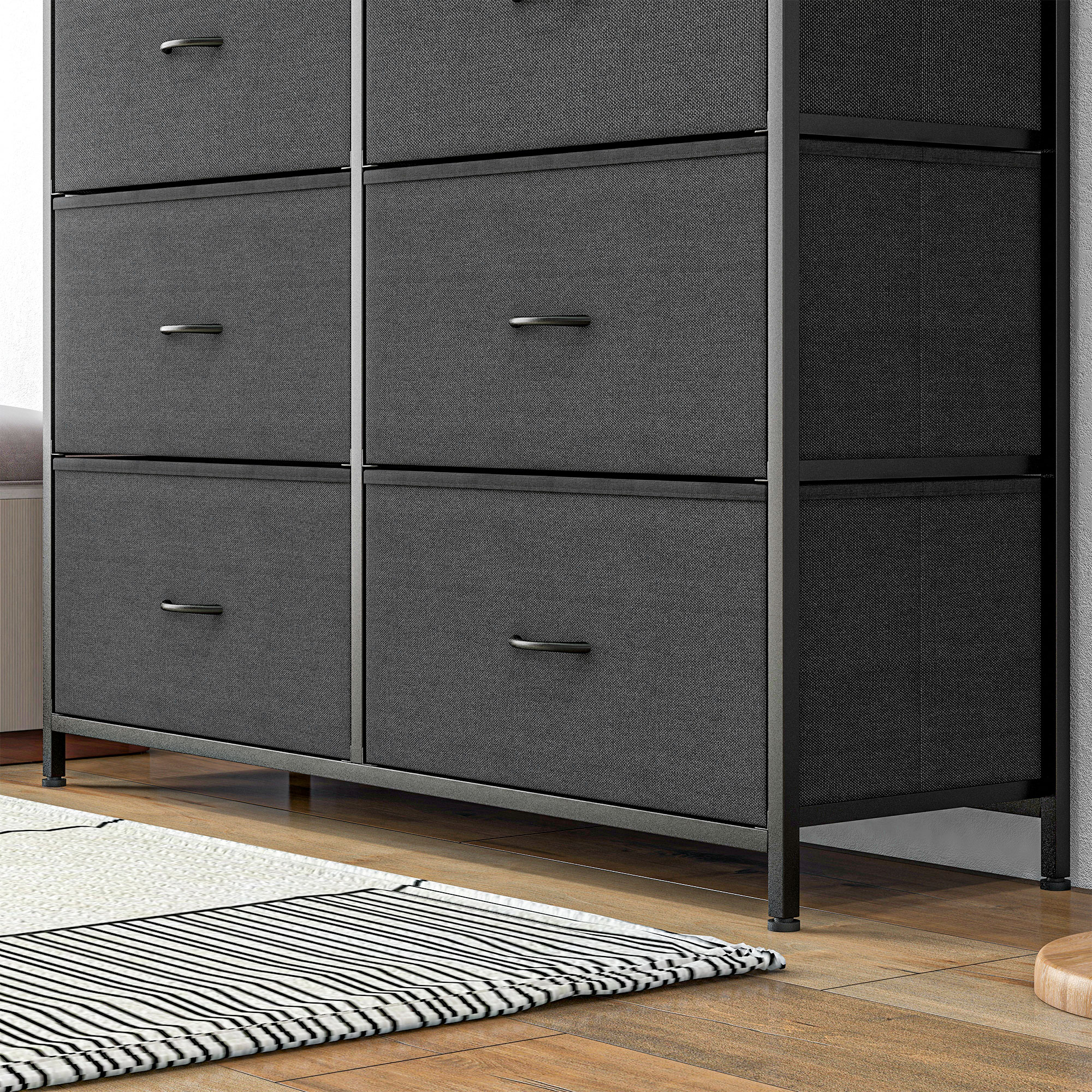 Komode–sidenis ar auduma atvilktnēm, 10 nodalījumi, metāla rāmis, 100 x 30 x 100 cm, melna - Image 8