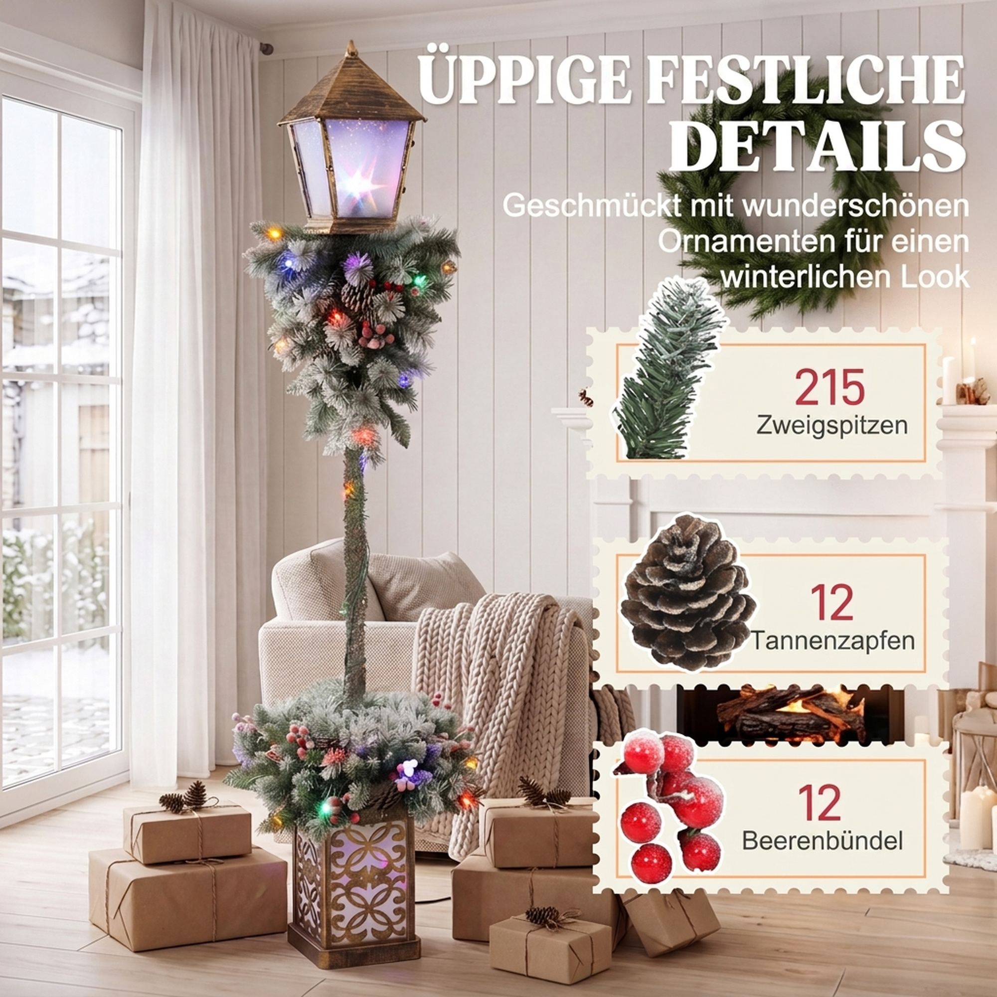 Lauko kalėdinis žibinto stulpas su LED lemputėmis, 43 x 43 x 150 cm, žalias, baltas - Image 6