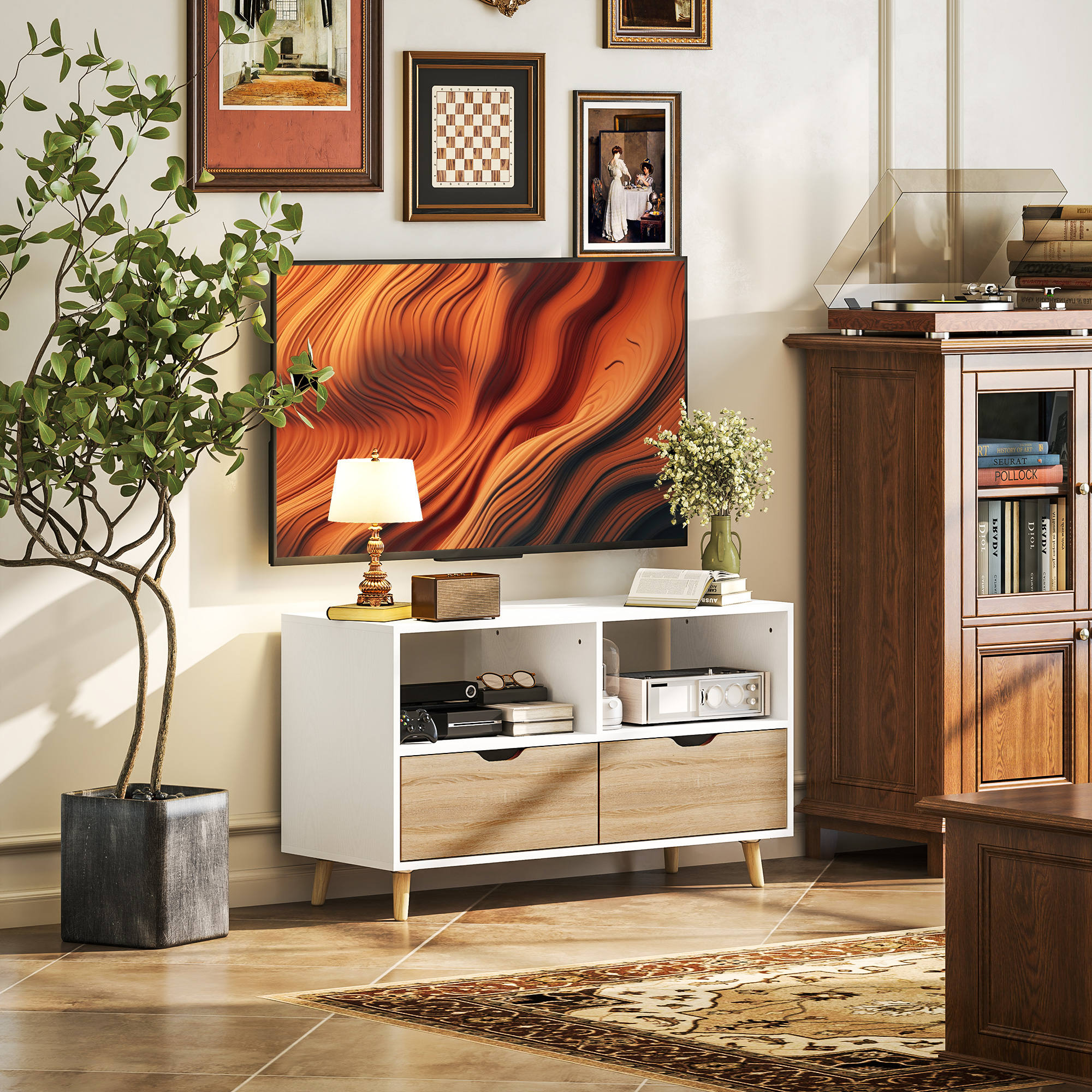 TV spintelė su stalčiais ir atviromis lentynomis, balta, 99 x 39 x 58,3 cm - Image 2