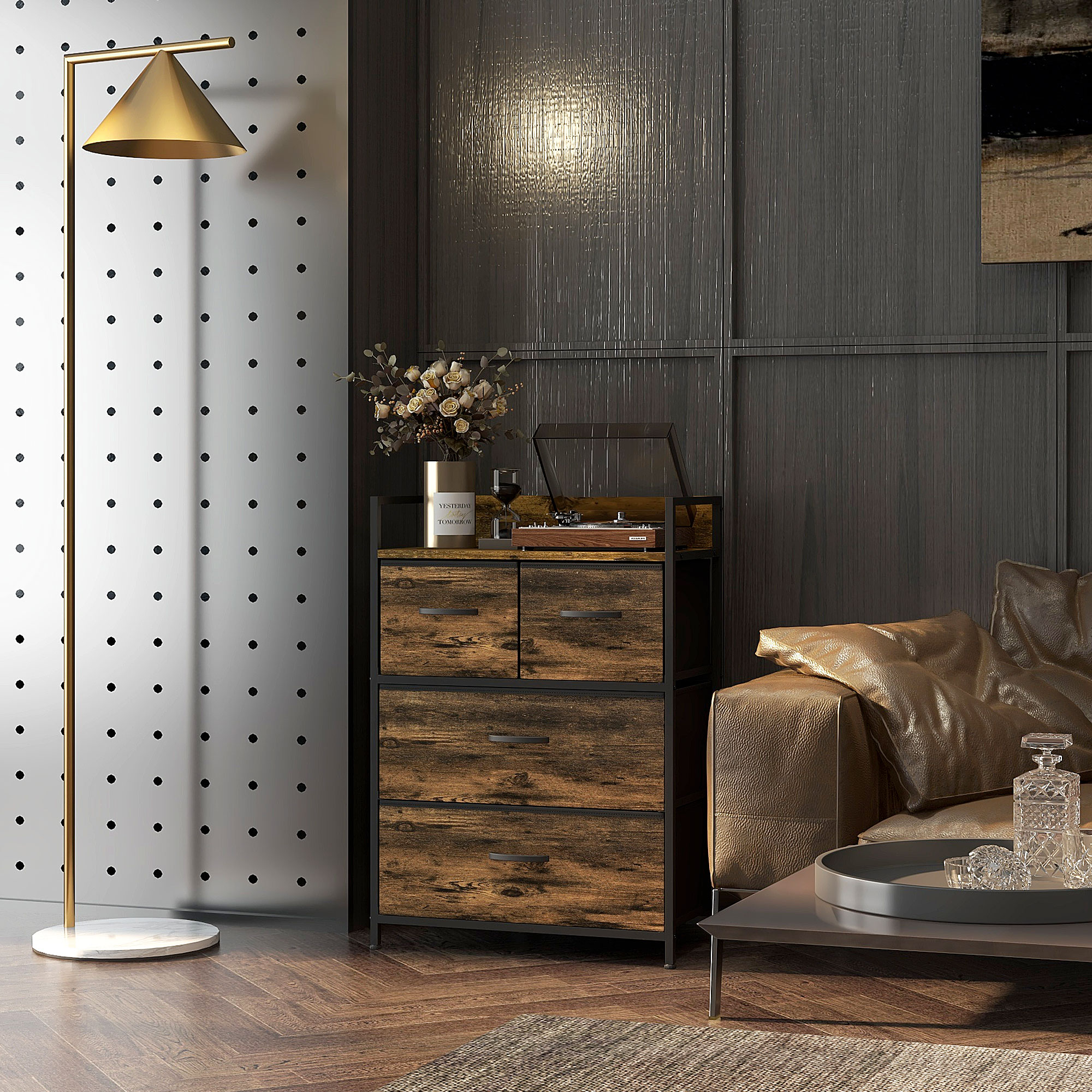 Komoda, 4 medžiaginiai stalčiai, industrinis stilius, 60 x 29 x 85 cm, ruda / juoda - Image 9