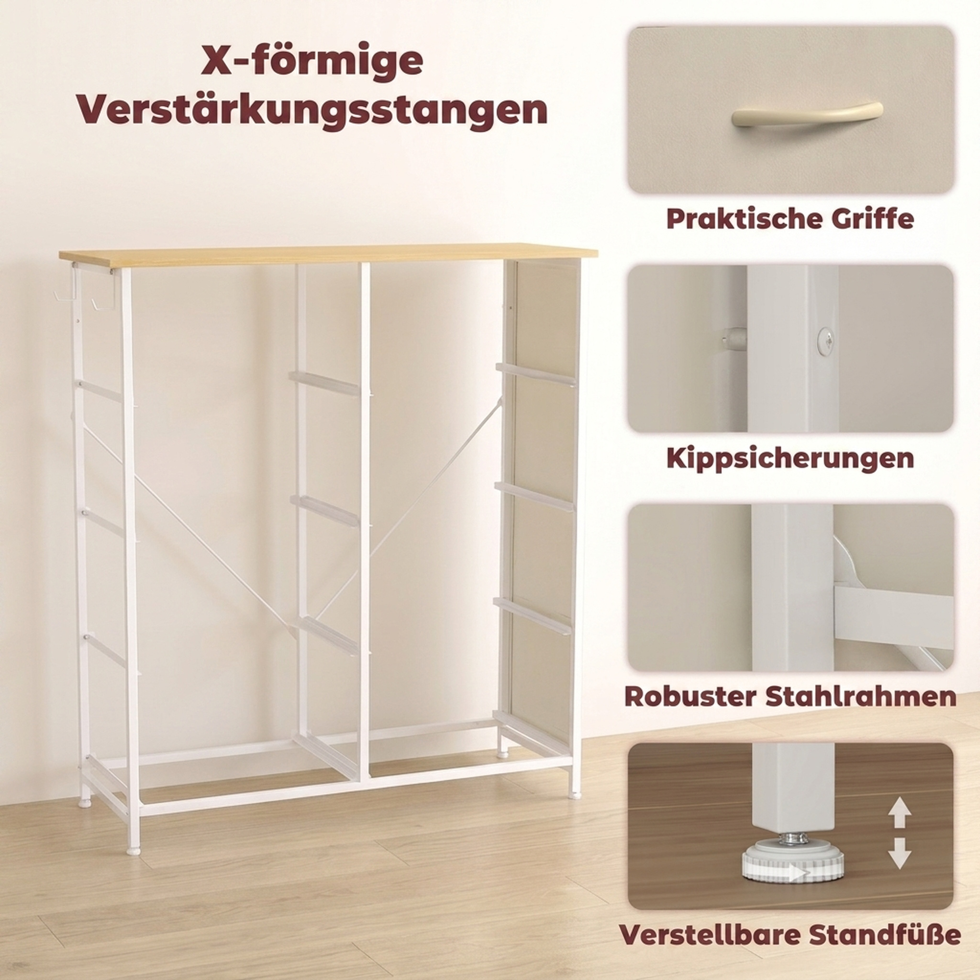 Guļamistabas kumode ar 8 auduma atvilktnēm, tērauda rāmis, bēša, 80 x 30 x 94,5 cm - Image 7