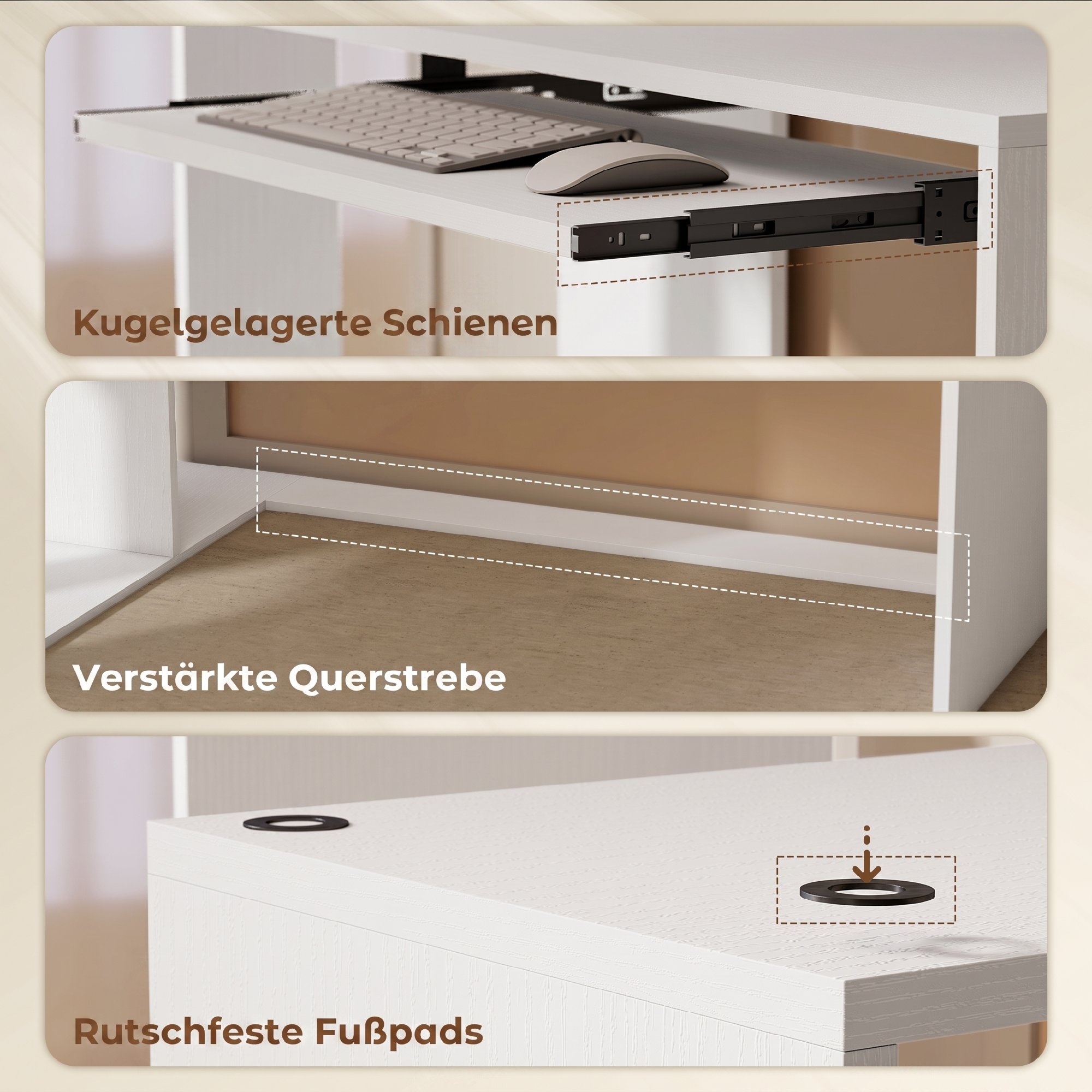Stūra rakstāmgalds ar tastatūras plauktu un atvērtiem plauktiem, balta koka imitācija, 120 x 100 x 76 cm - Image 6