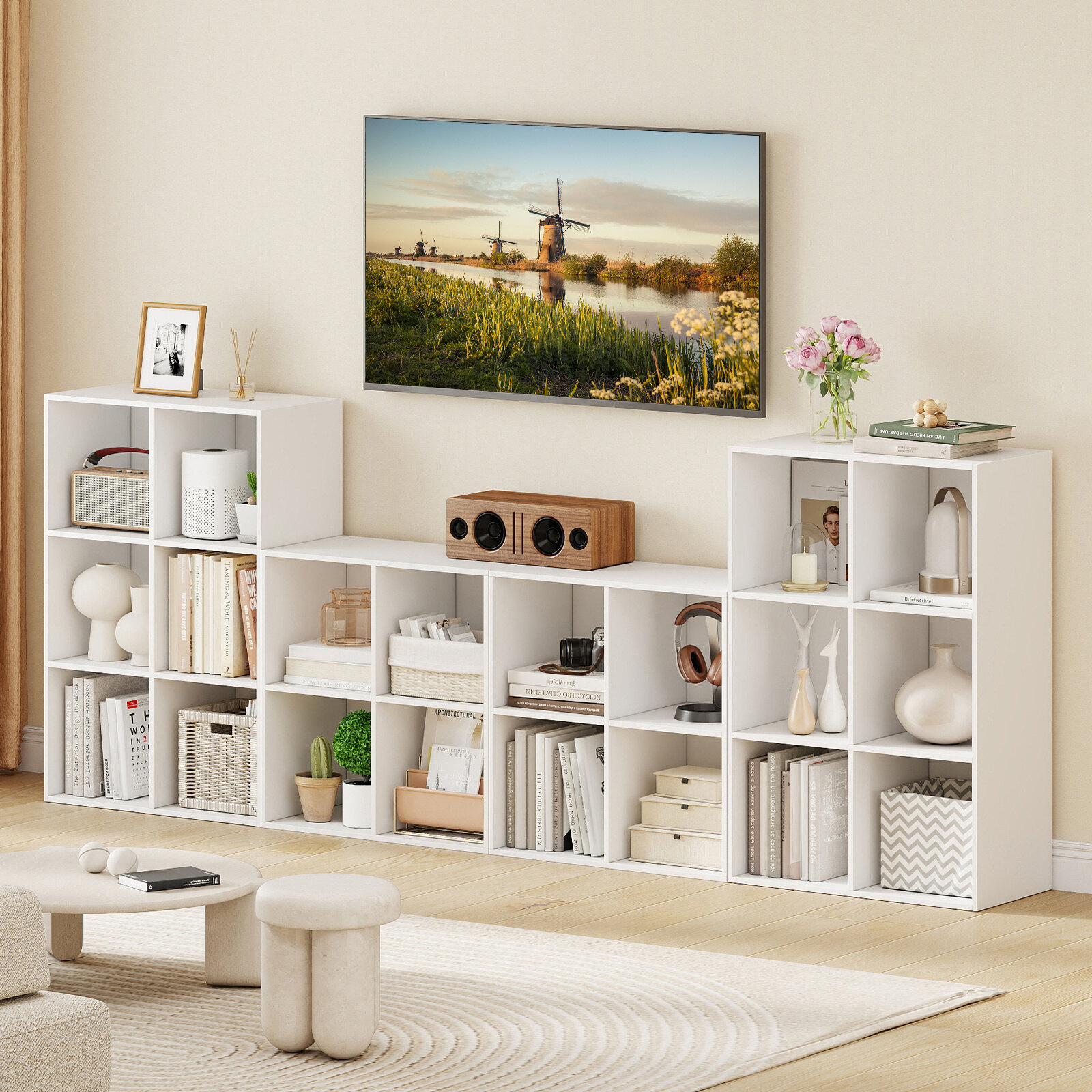 Balta knygų lentyna su 4 skyriais, medienos plokštė, 60 x 30 x 60 cm - Image 4