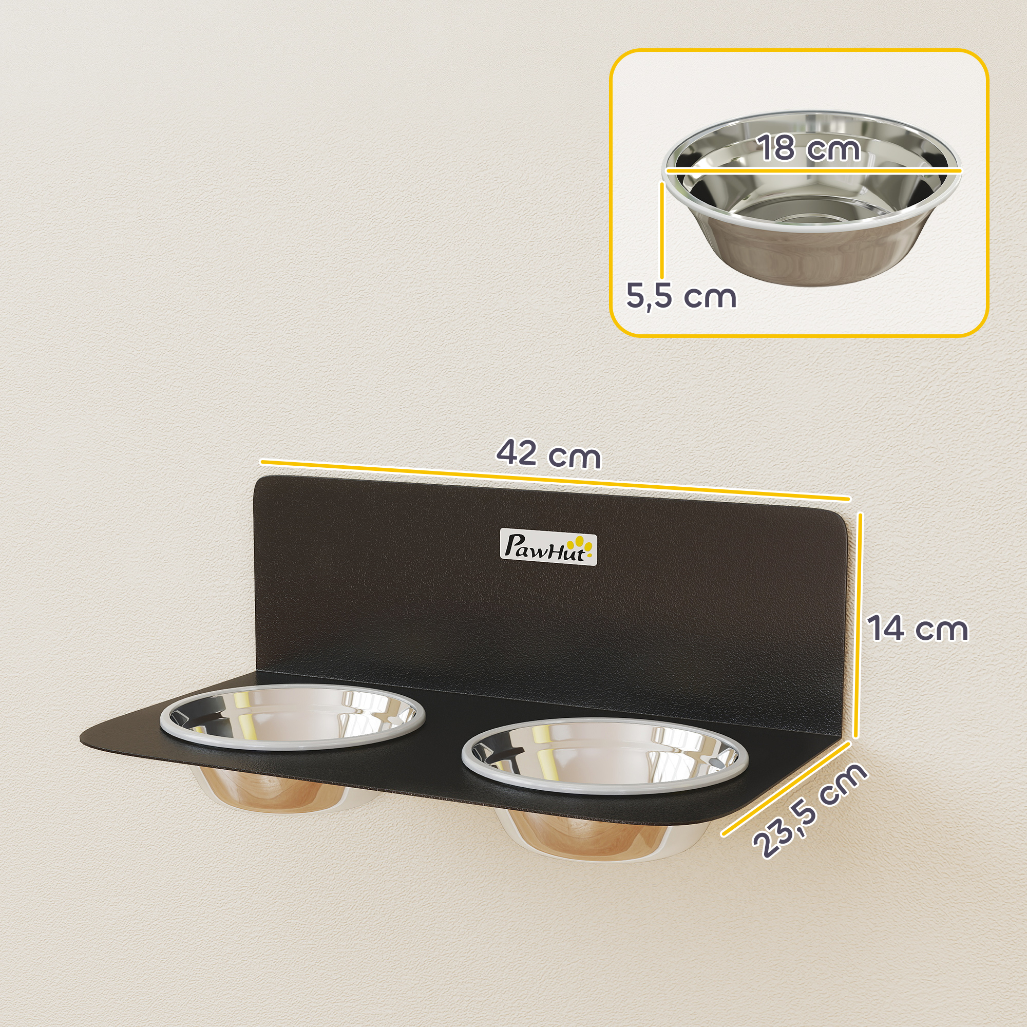 Prie sienos tvirtinamas šunų dubenėlių rinkinys su 2 x 800 ml nerūdijančio plieno dubenėliais, juodas, 42 x 23,5 x 14 cm - Image 3