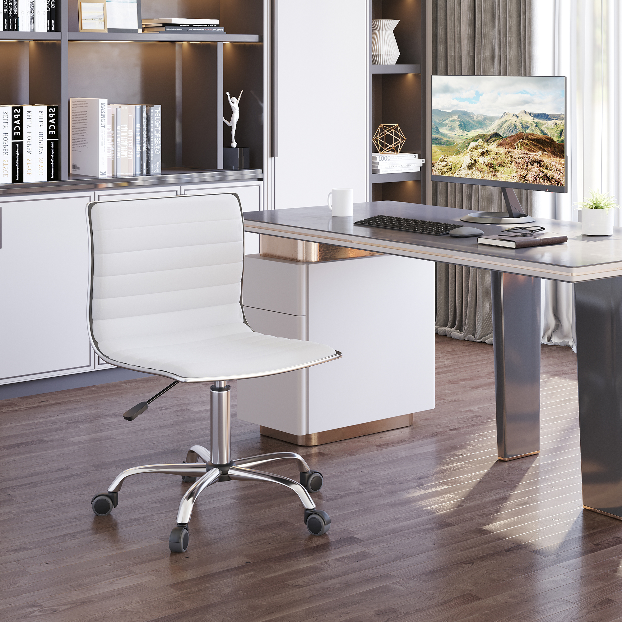 Salona krēsls ar atzveltni, regulējams augstums, tērauds / PU, balts, 48 x 52 x 78-90 cm - Image 7