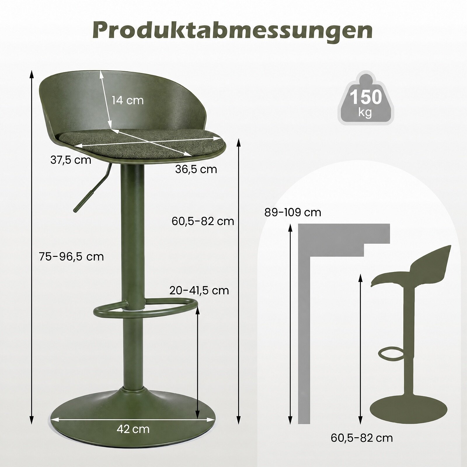 2 säädettävän pyörivän baarijakkaran setti selkänojalla ja jalkatuella, vihreä - Image 5
