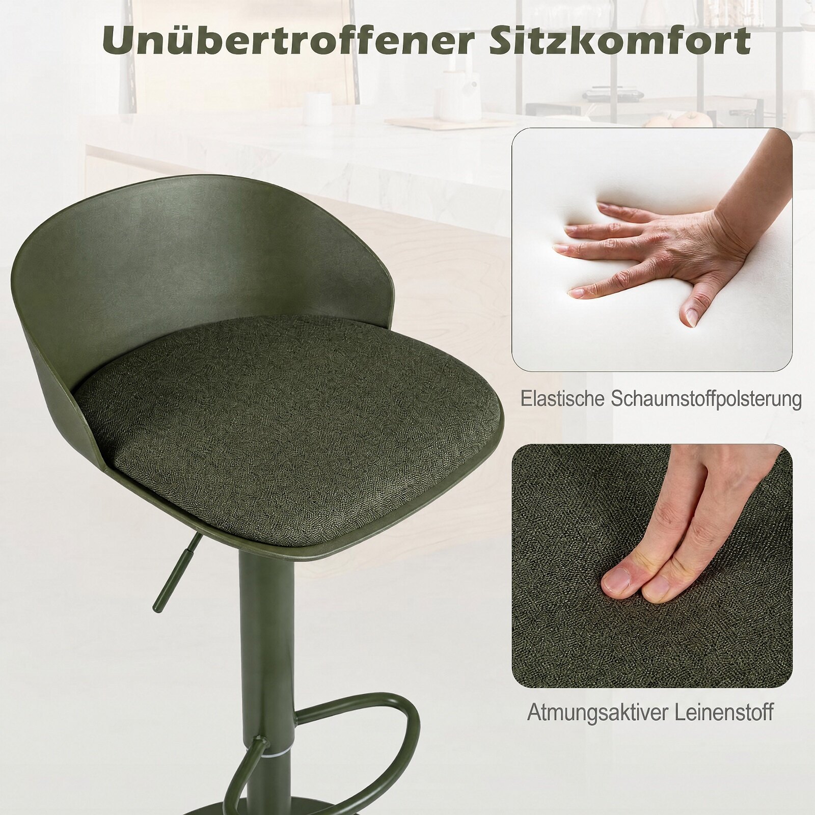 2 säädettävän pyörivän baarijakkaran setti selkänojalla ja jalkatuella, vihreä - Image 7