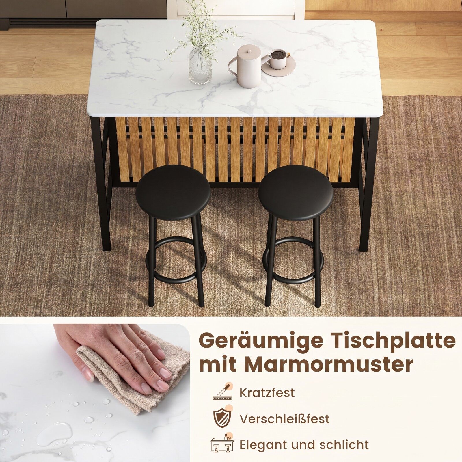 Baarilaua komplekt 2 tabureti ja riiuliga, 3-osaline, valge / pruun / must, 119,38 x 59,69 x 83,82 cm