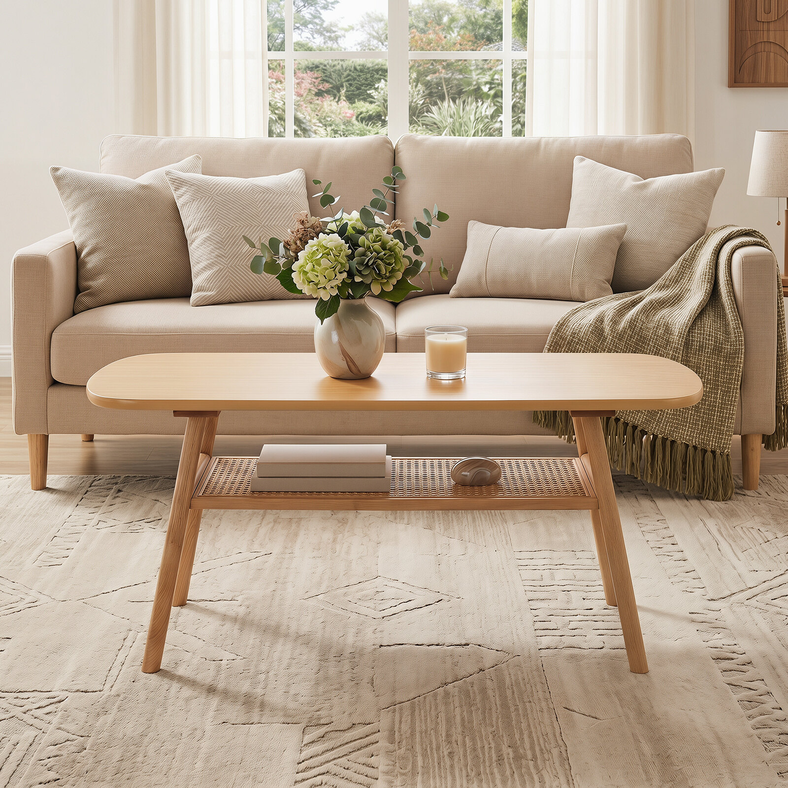 Kahetasandiline boho diivanilaud rotangriiuliga, naturaalne, 100 x 53 x 46 cm