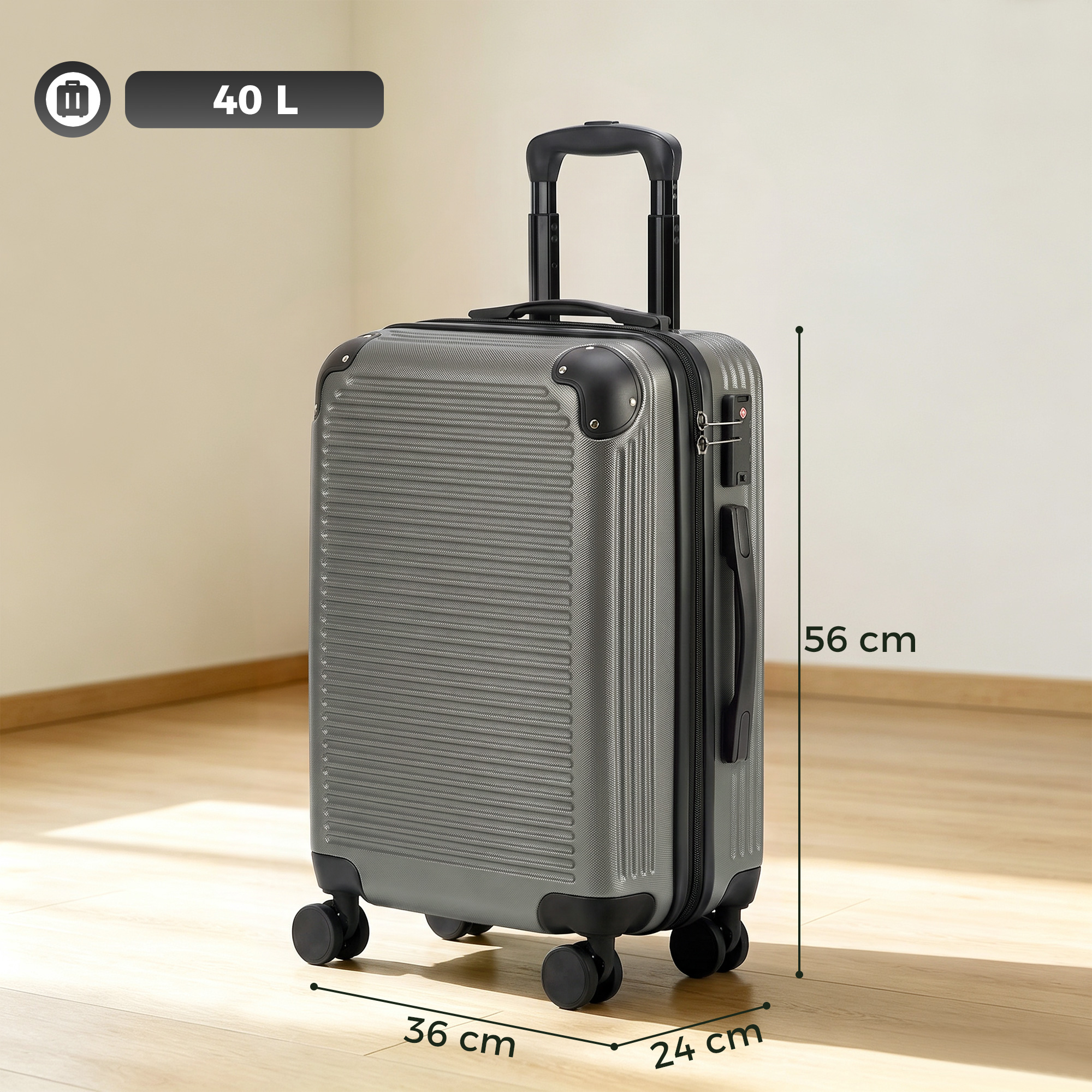 Kovakuorinen matkalaukku 4 pyörällä ja TSA-lukolla, laajennettava, tummanharmaa, 40 l - Image 3