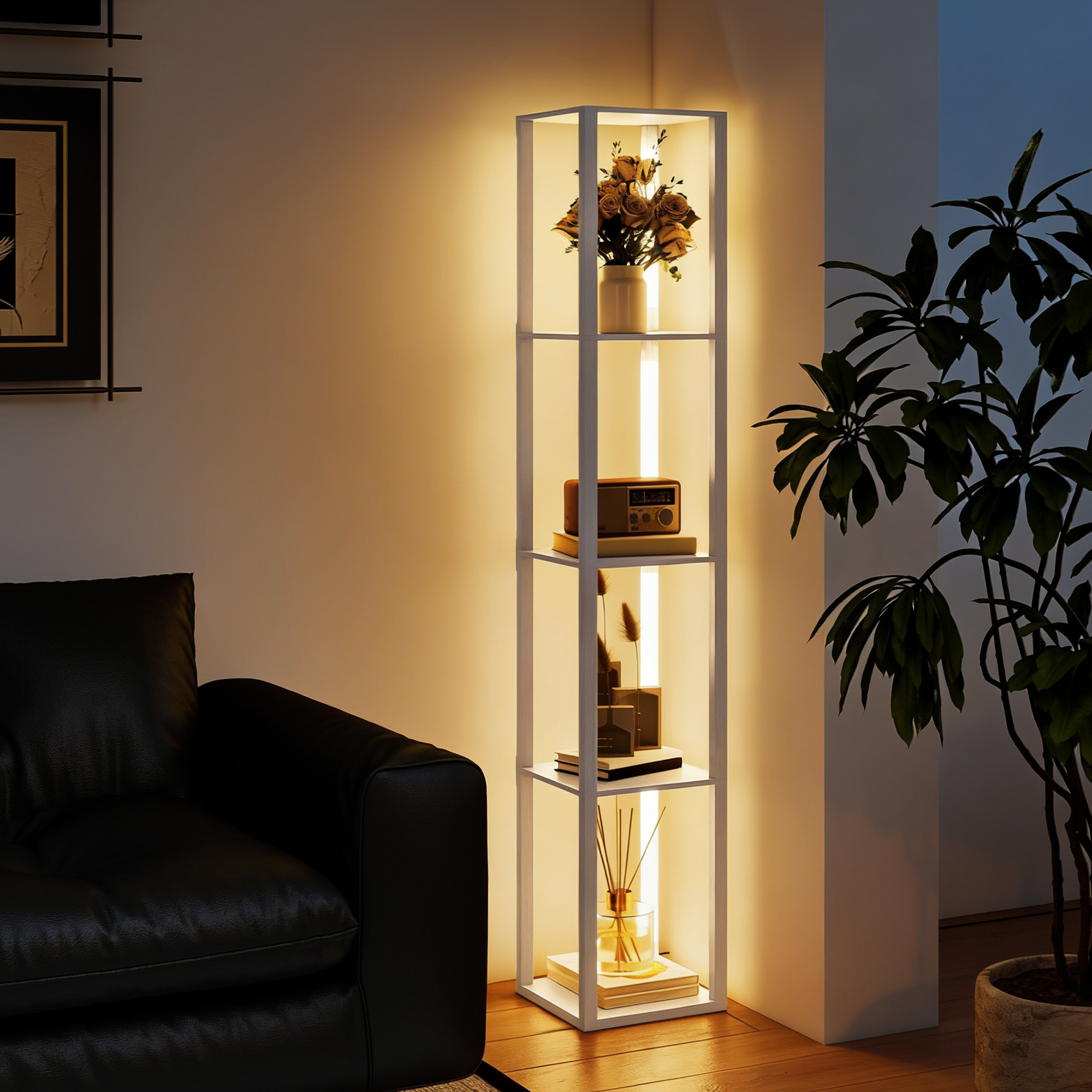 Pastatomas LED šviestuvas su lentynomis, baltas, 29 x 29 x 163 cm - Image 8