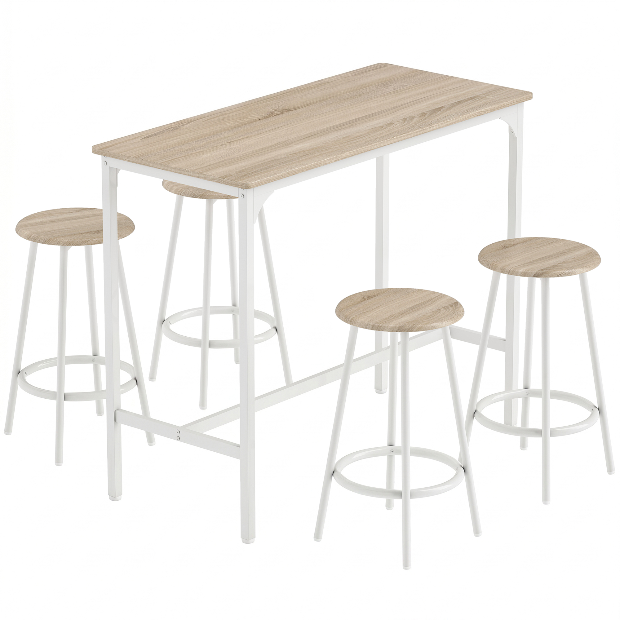 5-osaline baarilaua komplekt 4 inimesele, 1 laud ja 4 taburetti, tamme toon, valge metall, 110 x 50 x 89,5 cm