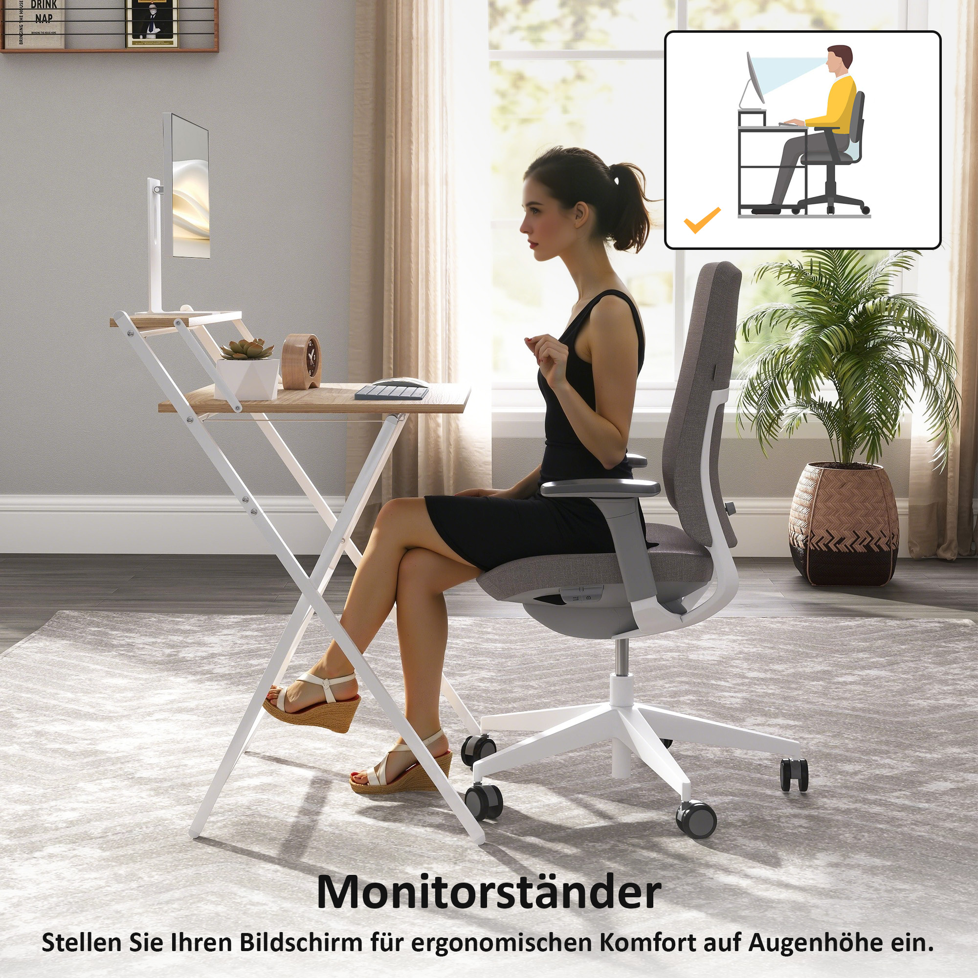 Sulankstomas kompiuterio stalas su monitoriaus lentyna, 70 cm, medžio atspalvio ir baltas - Image 5
