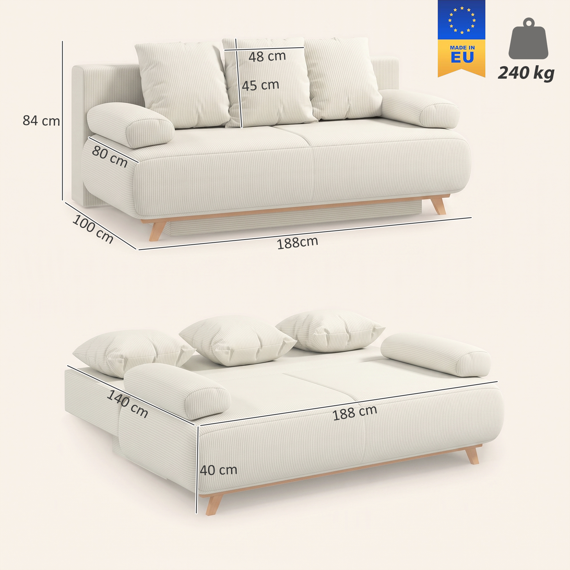 Sofa-lova su reguliuojamu atlošu, paslėpta daiktadėže ir velvetiniu korduro užvalkalu, smėlinė, 188 x 100 x 84 cm - Image 3