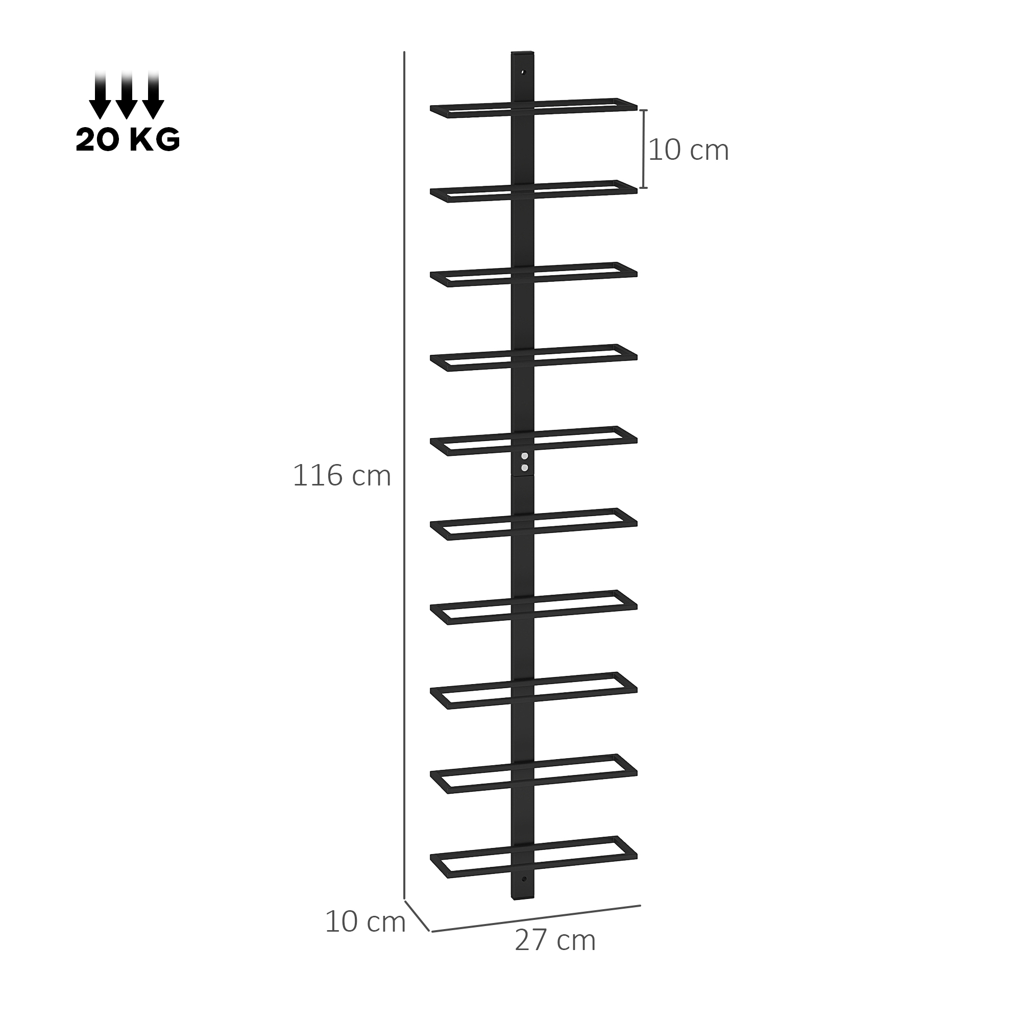 Sieninė vyno lentyna 10 butelių, 10 lygių, metalas, juoda, 27 x 10 x 116 cm - Image 3