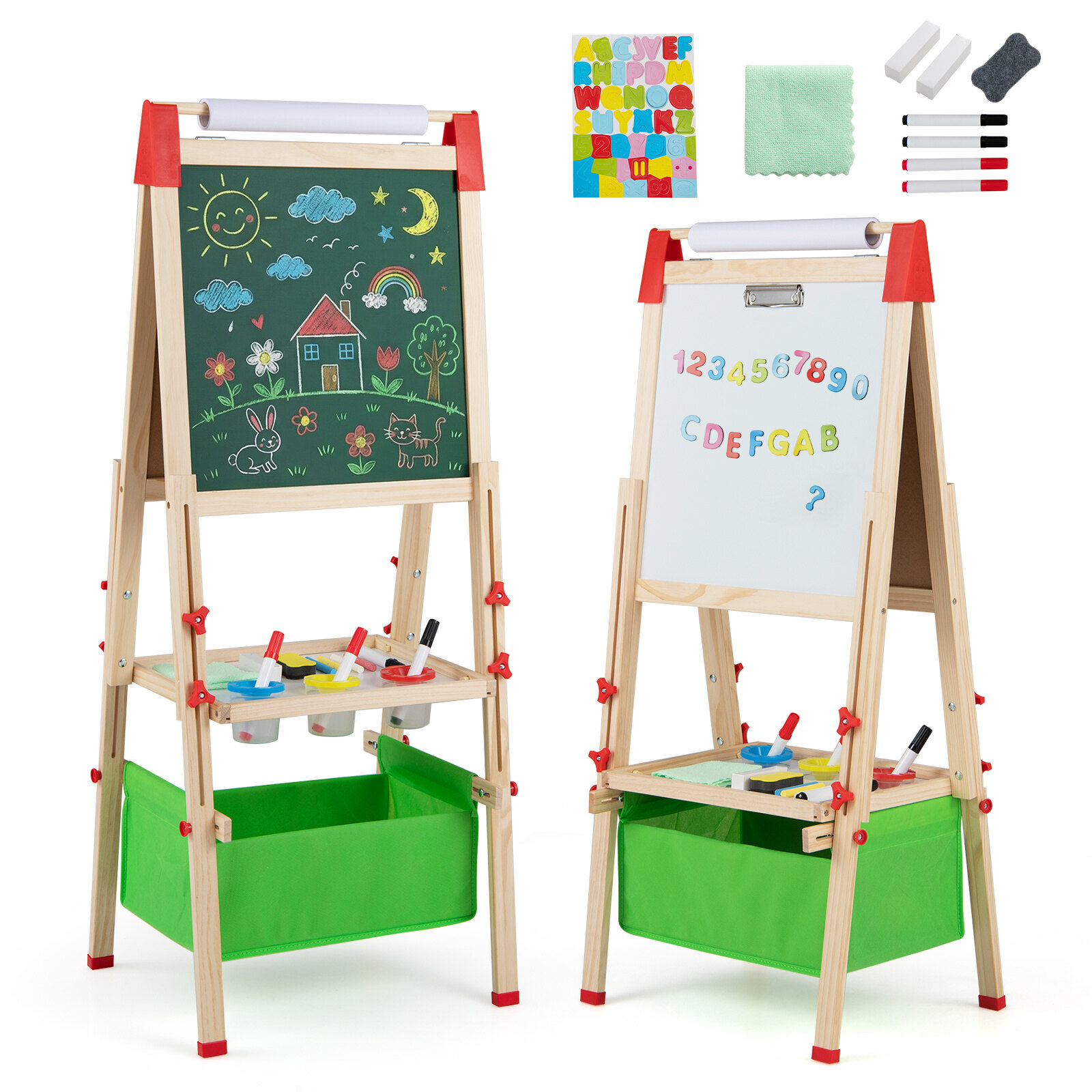 Regulējama augstuma divpusējs bērnu molberts ar magnētisko krīta tāfeli, zaļš, 44 x 40 x 102-126 cm