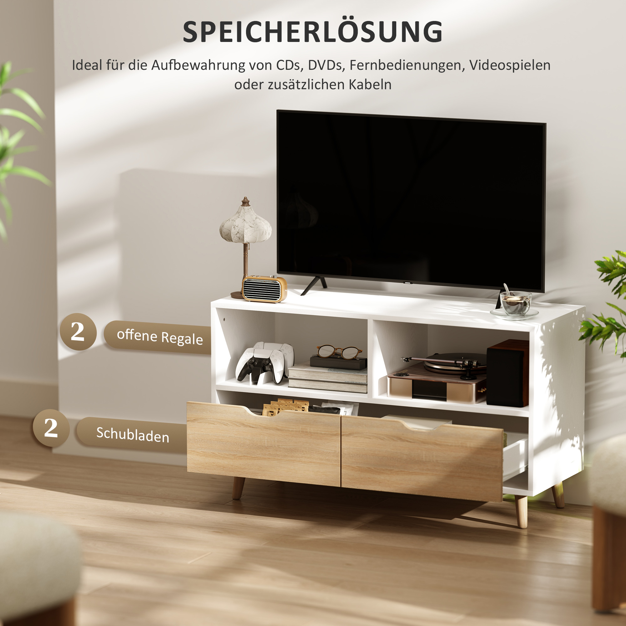 TV spintelė su stalčiais ir atviromis lentynomis, balta, 99 x 39 x 58,3 cm - Image 4