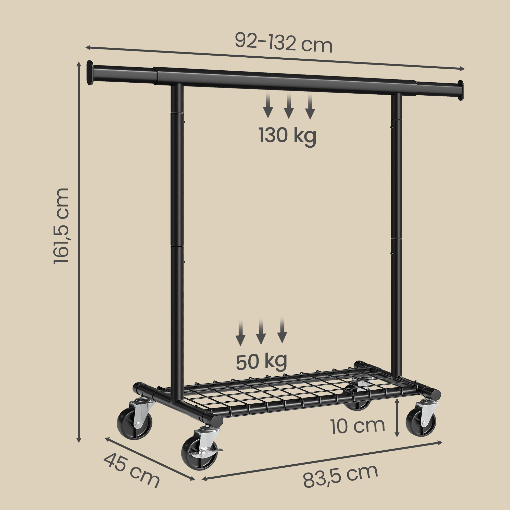 Ratastel riidestange riiuliga, must, 92-132 x 45 x 161,5 cm - Image 3