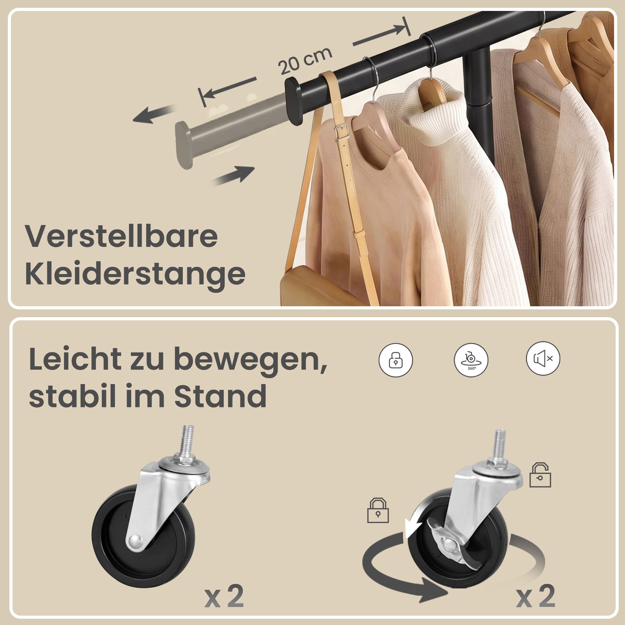 Ratastel riidestange riiuliga, must, 92-132 x 45 x 161,5 cm - Image 6