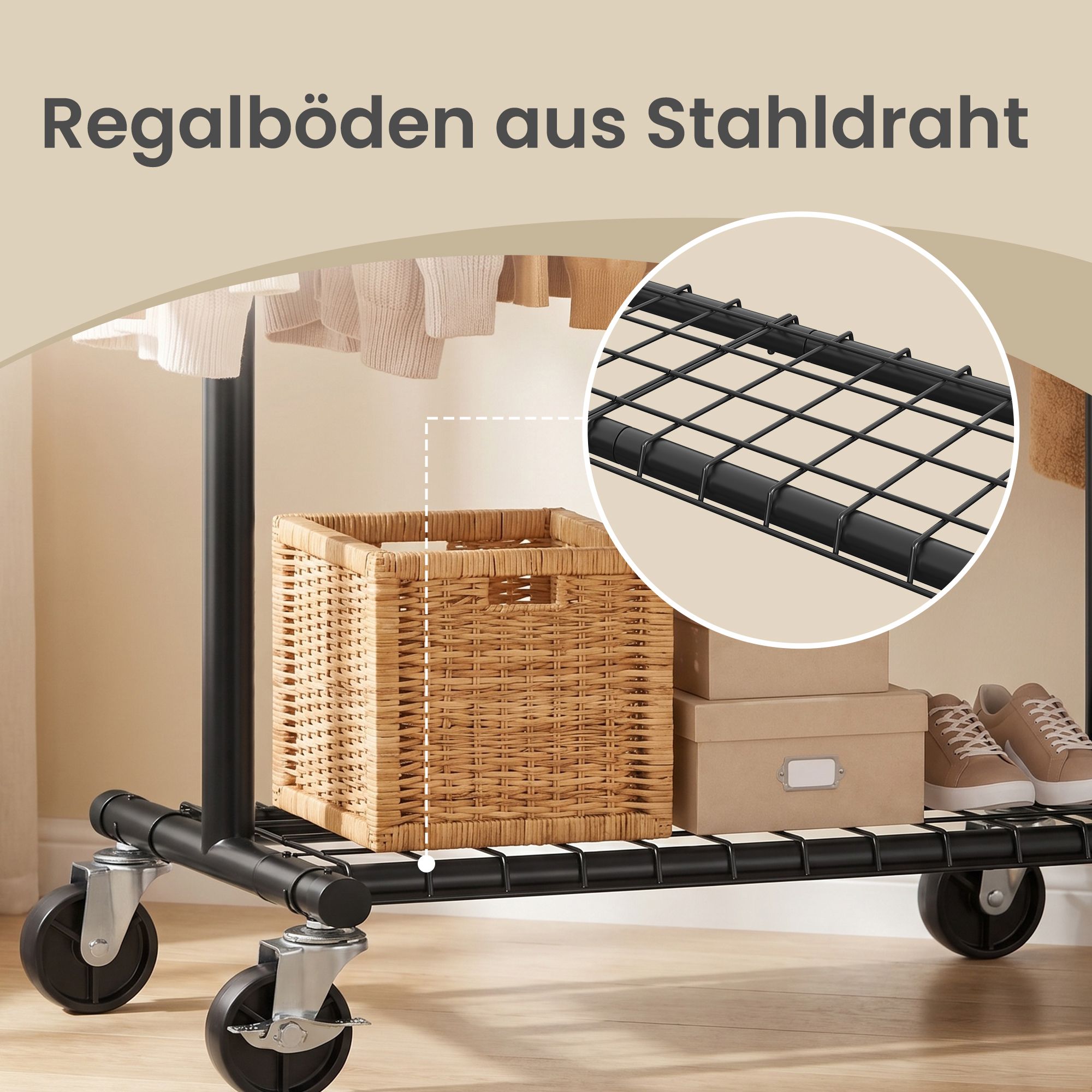 Ratastel riidestange riiuliga, must, 92-132 x 45 x 161,5 cm - Image 8