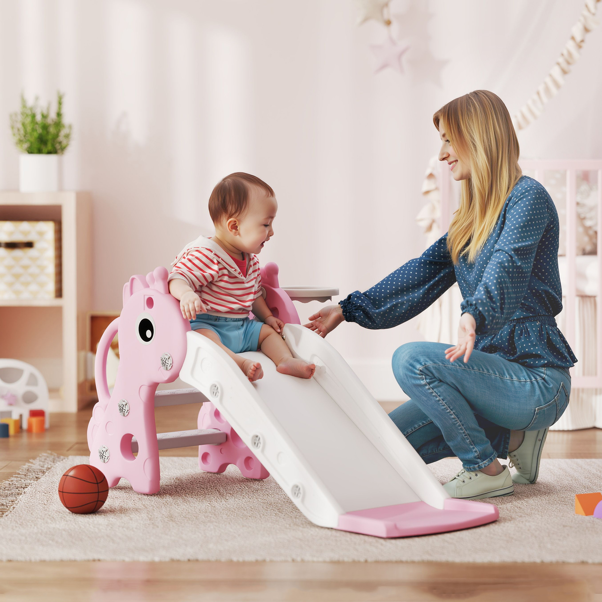 3-in-1 liukumäki lapsille, kirahvin muotoinen, koripallokori, pallo, pinkki - Image 2