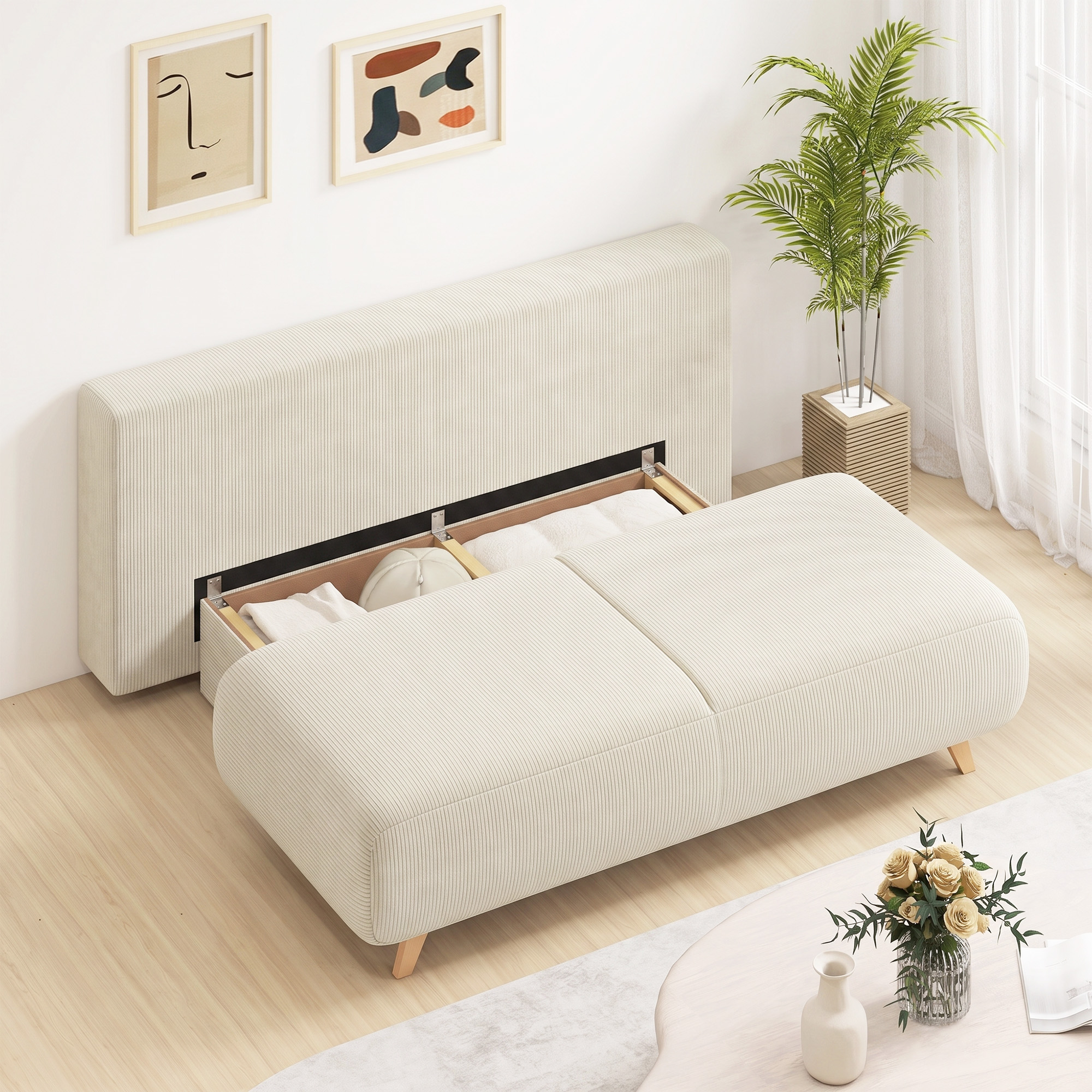 Sofa-lova su reguliuojamu atlošu, paslėpta daiktadėže ir velvetiniu korduro užvalkalu, smėlinė, 188 x 100 x 84 cm - Image 9