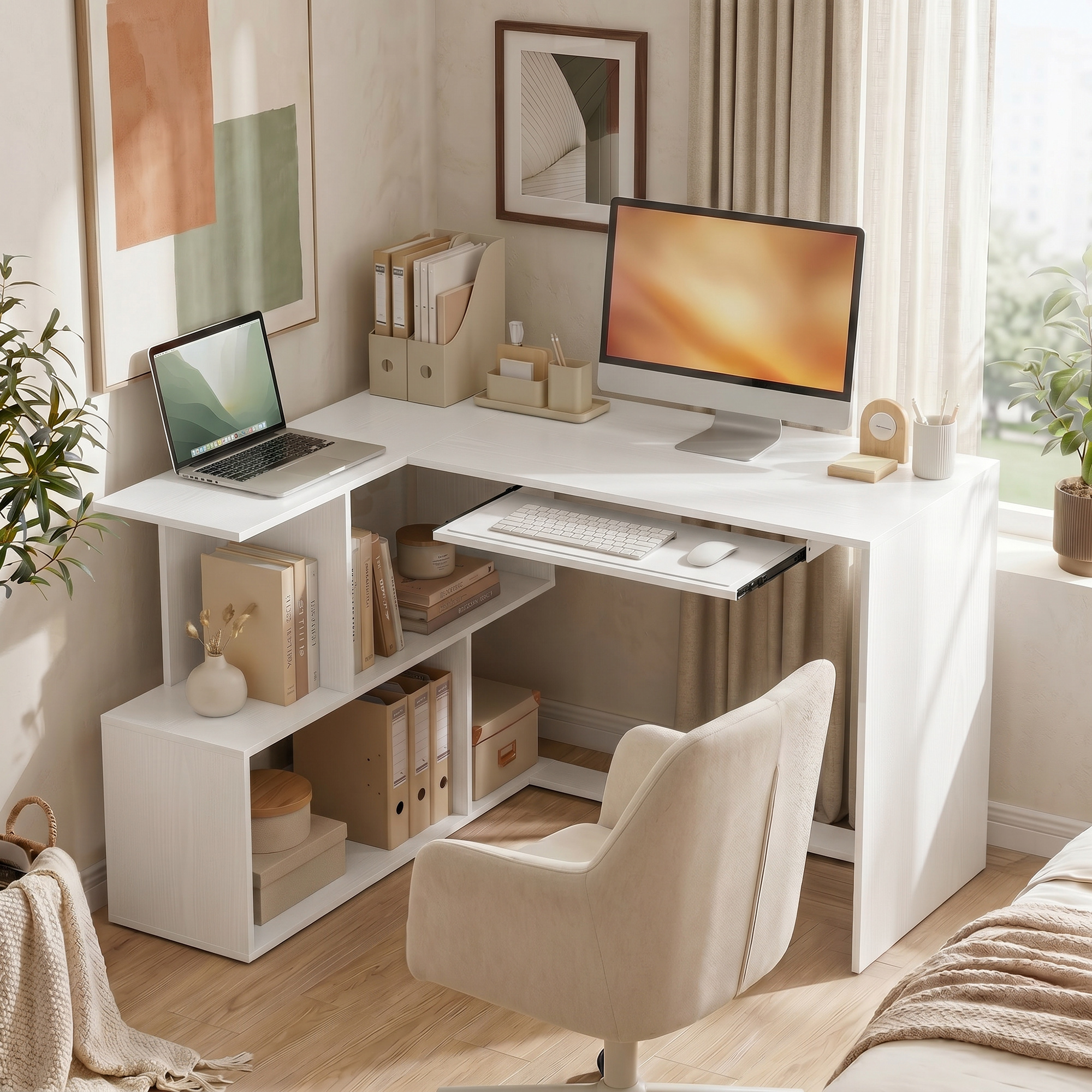 Stūra rakstāmgalds ar tastatūras plauktu un atvērtiem plauktiem, balta koka imitācija, 120 x 100 x 76 cm - Image 2