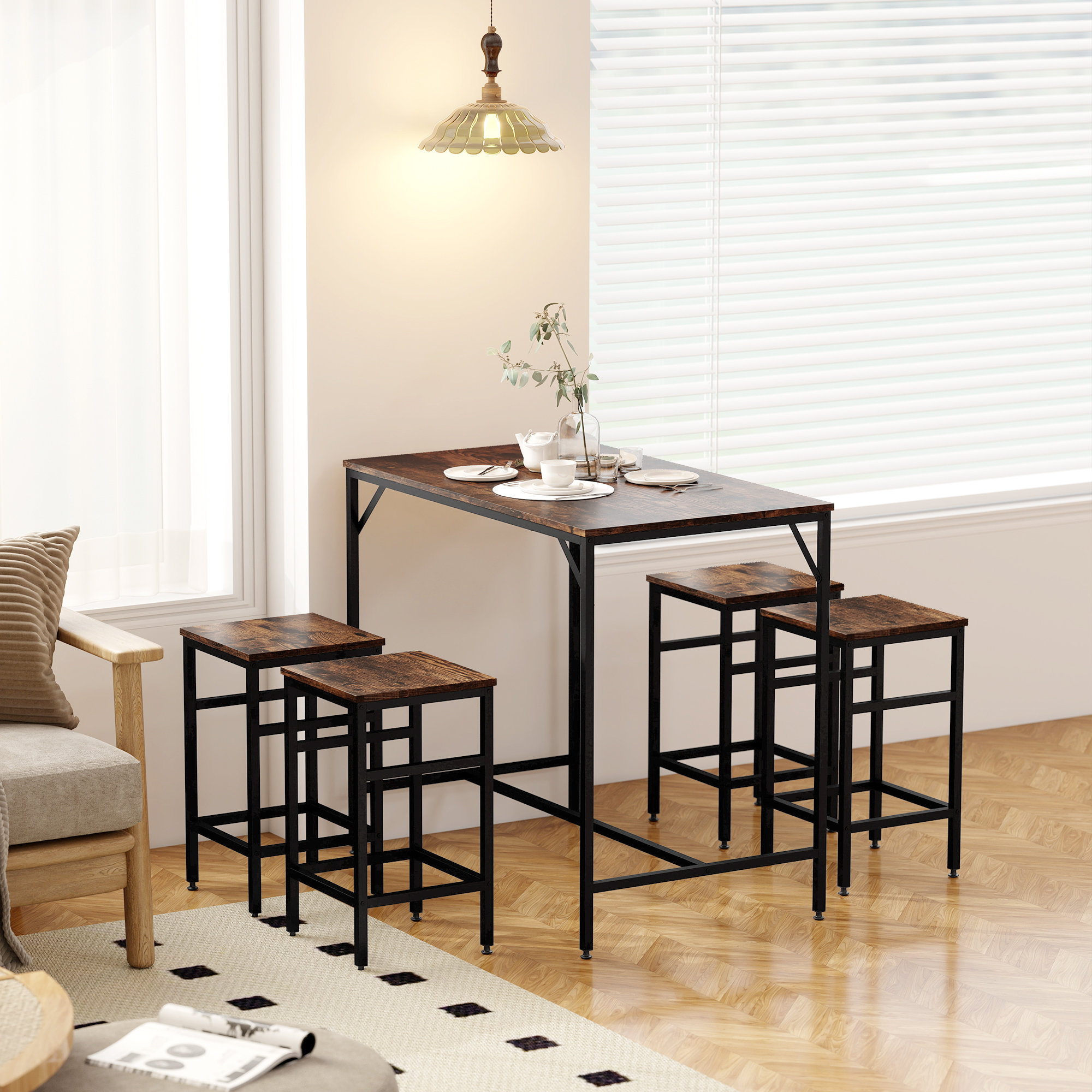 5 daļu bāra galda komplekts ar 4 taburetēm, rustic brūns un melns, MDF un tērauds, 100 x 60 x 88 cm - Image 9