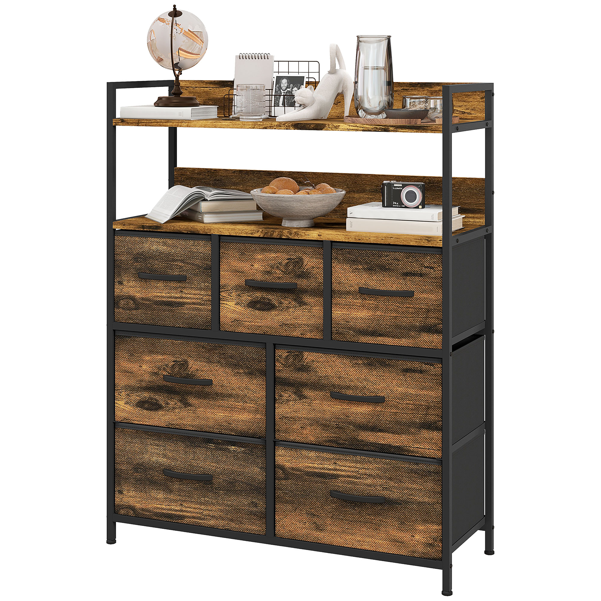 Riidest kummut 7 kokkupandava sahtli ja 2 riiuliga, terasraam, rustic brown, 79 x 29 x 101 cm