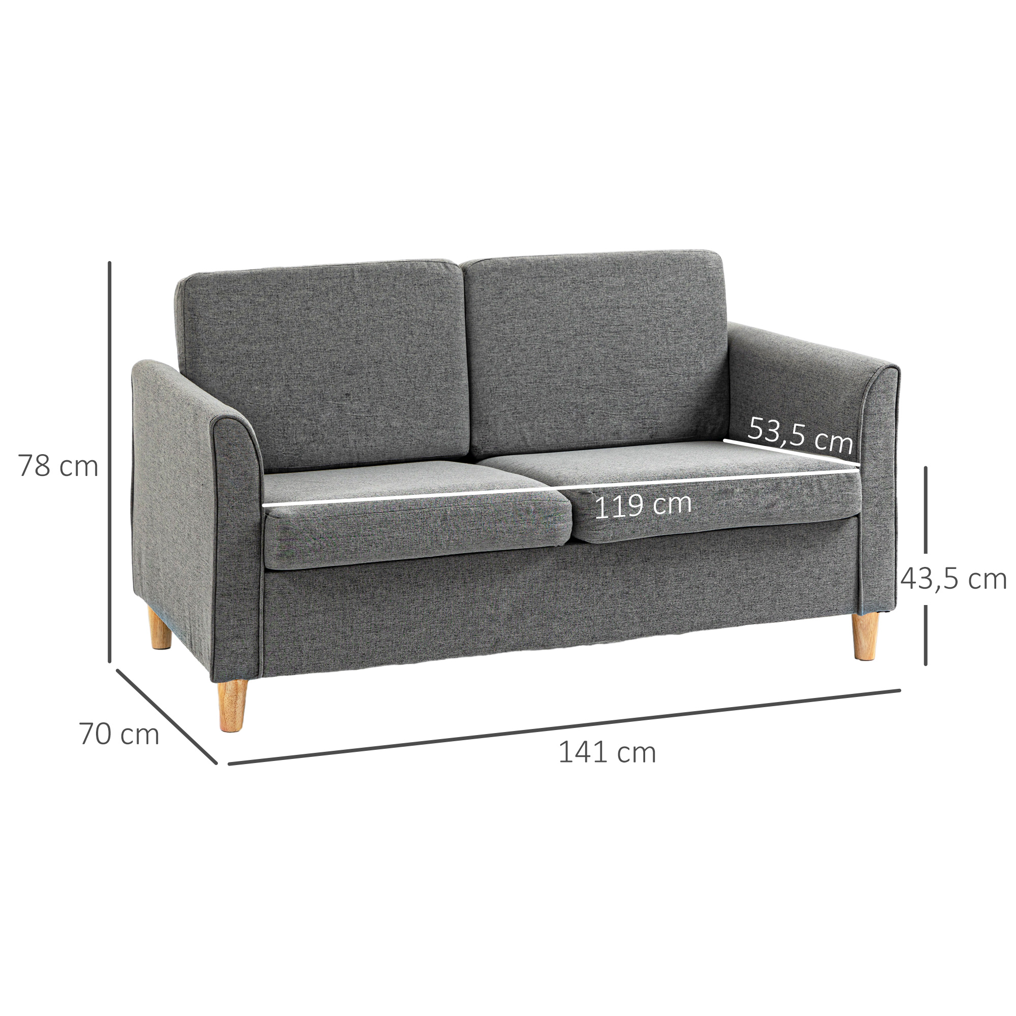 Dvivietė sofa, pilka, lino išvaizdos audinys, medinės kojos, 141 x 70 x 78 cm - Image 3