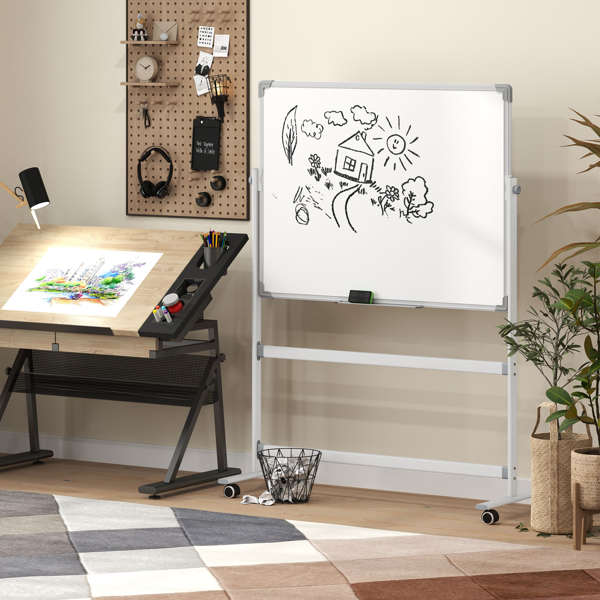Pārvietojama divpusēja magnētiska tāfele, 120 x 90 cm, balta, metāla rāmis - Image 9