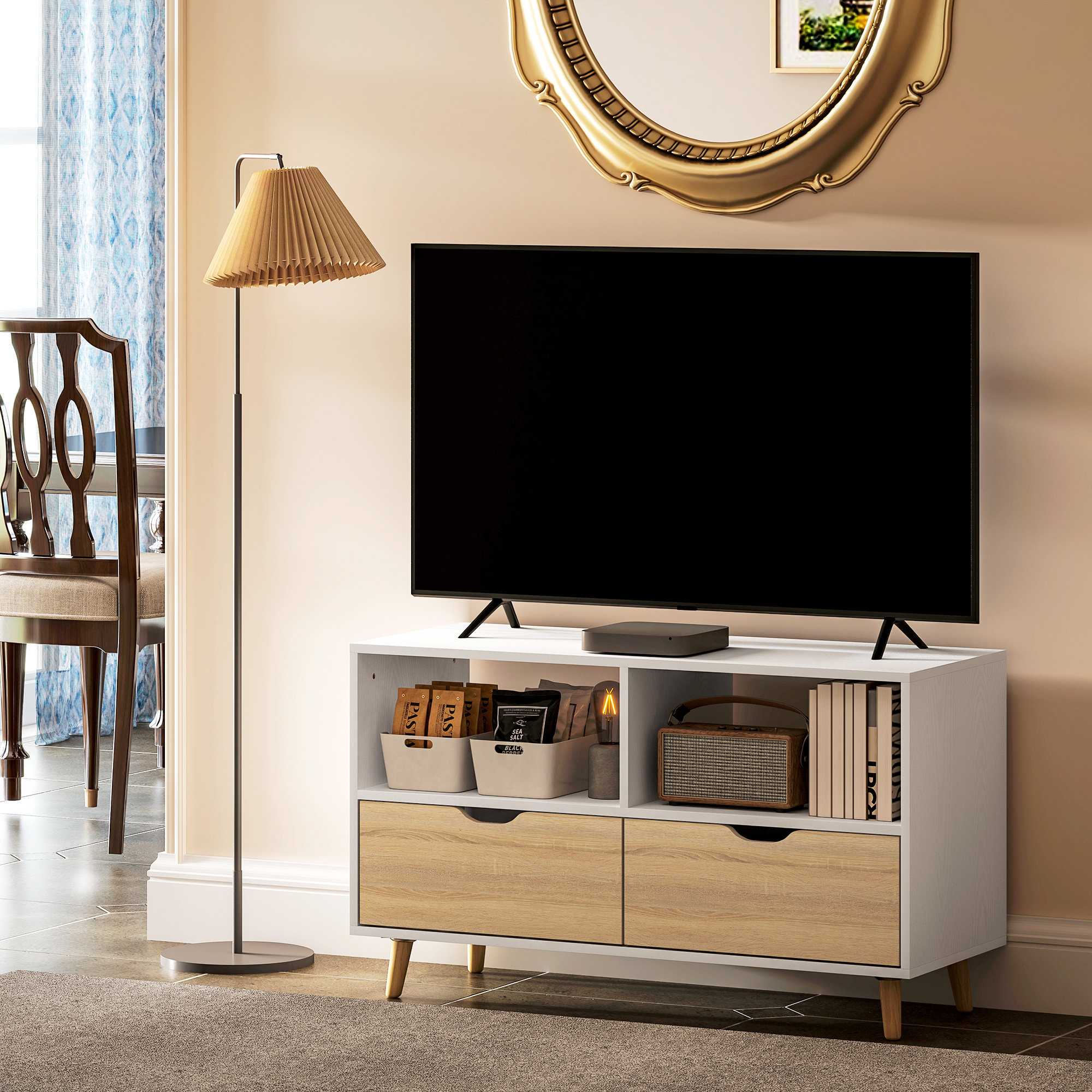 TV spintelė su stalčiais ir atviromis lentynomis, balta, 99 x 39 x 58,3 cm - Image 9