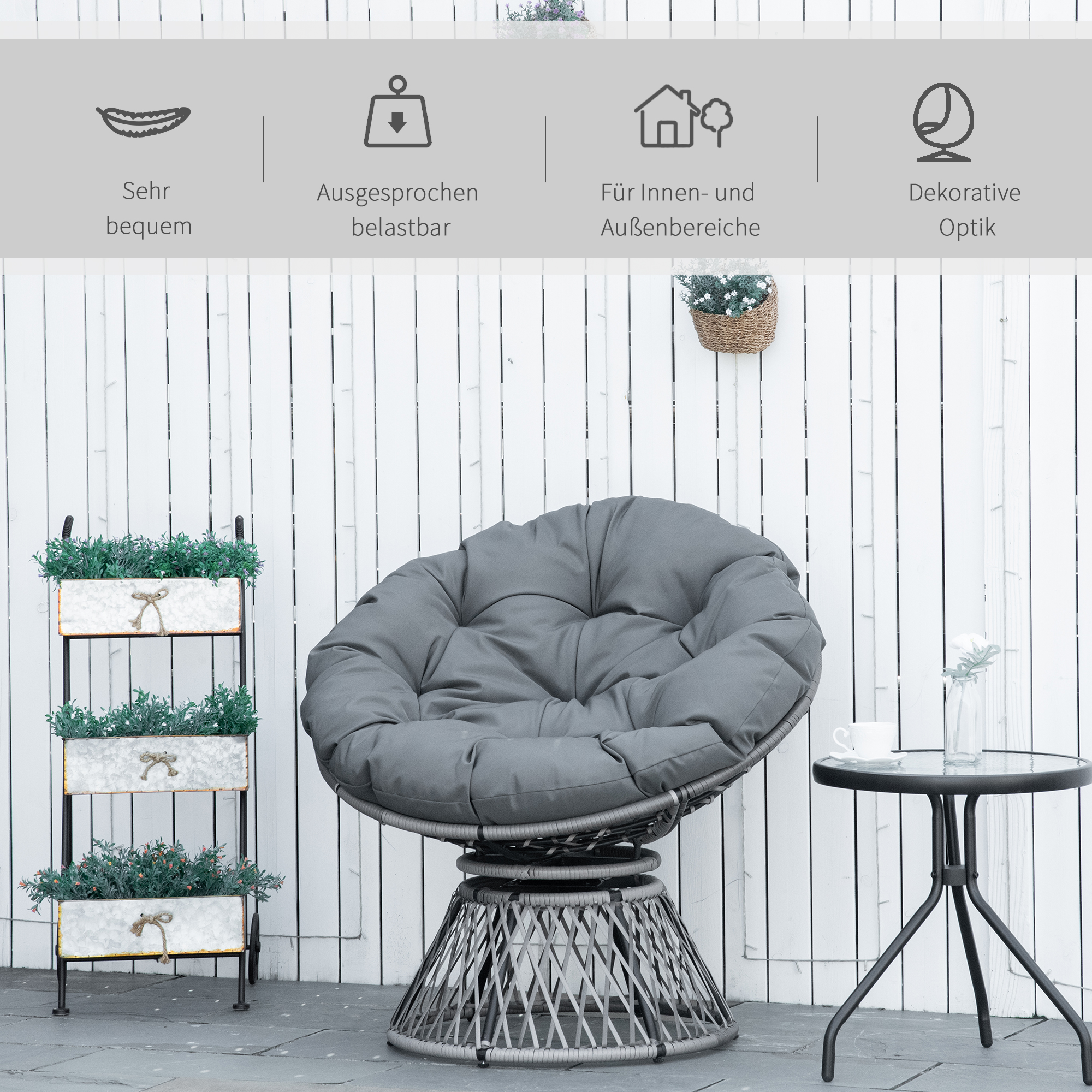 Papasan tipa krēsls ar spilvenu, grozāms 360°, PE rotangs, pelēks, 87 x 97 x 86 cm - Image 7