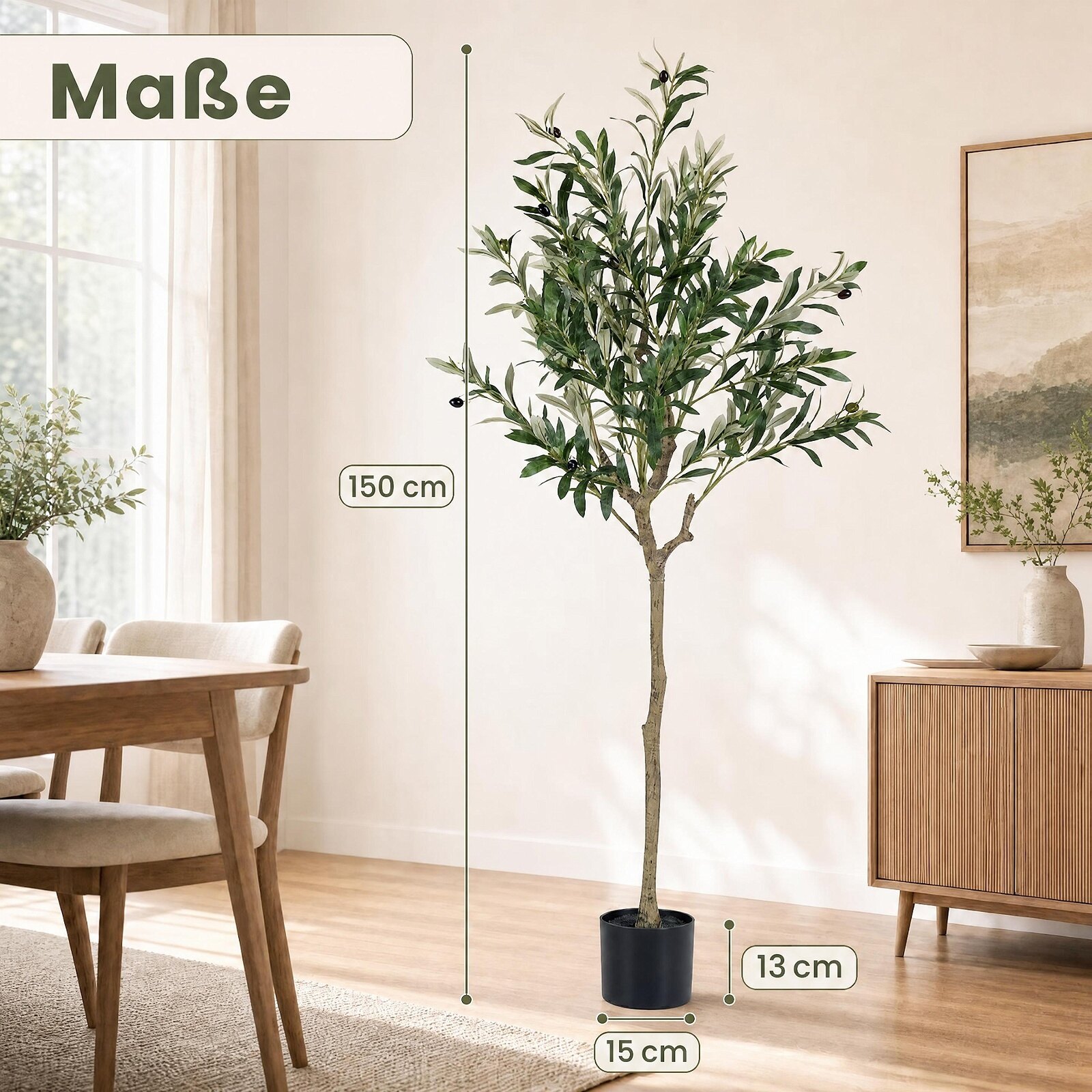 Mākslīgs olīvkoks ar 24 augļiem un 576 lapām, 150 cm, zaļš, melns - Image 5