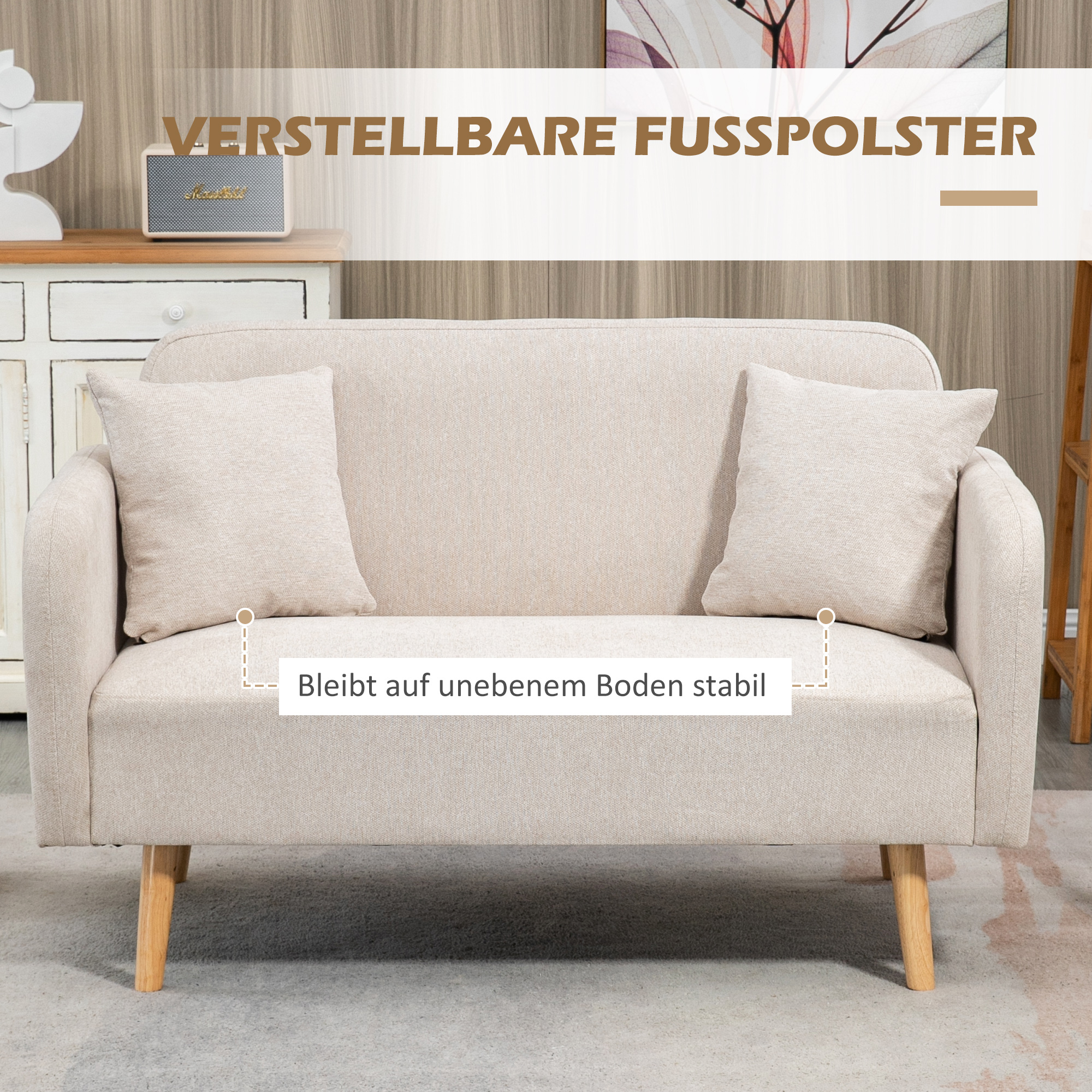 2-istuttava sohva 2 tyynyllä, puiset jalat, kermanvärinen, 130 x 70 x 80 cm - Image 6