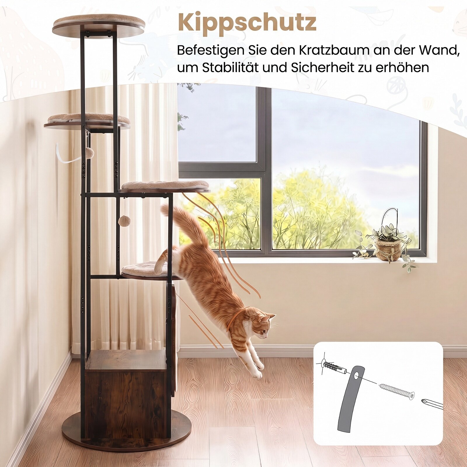 Kaķu koks ar platformām un mājiņu, 183 cm, brūns - Image 3