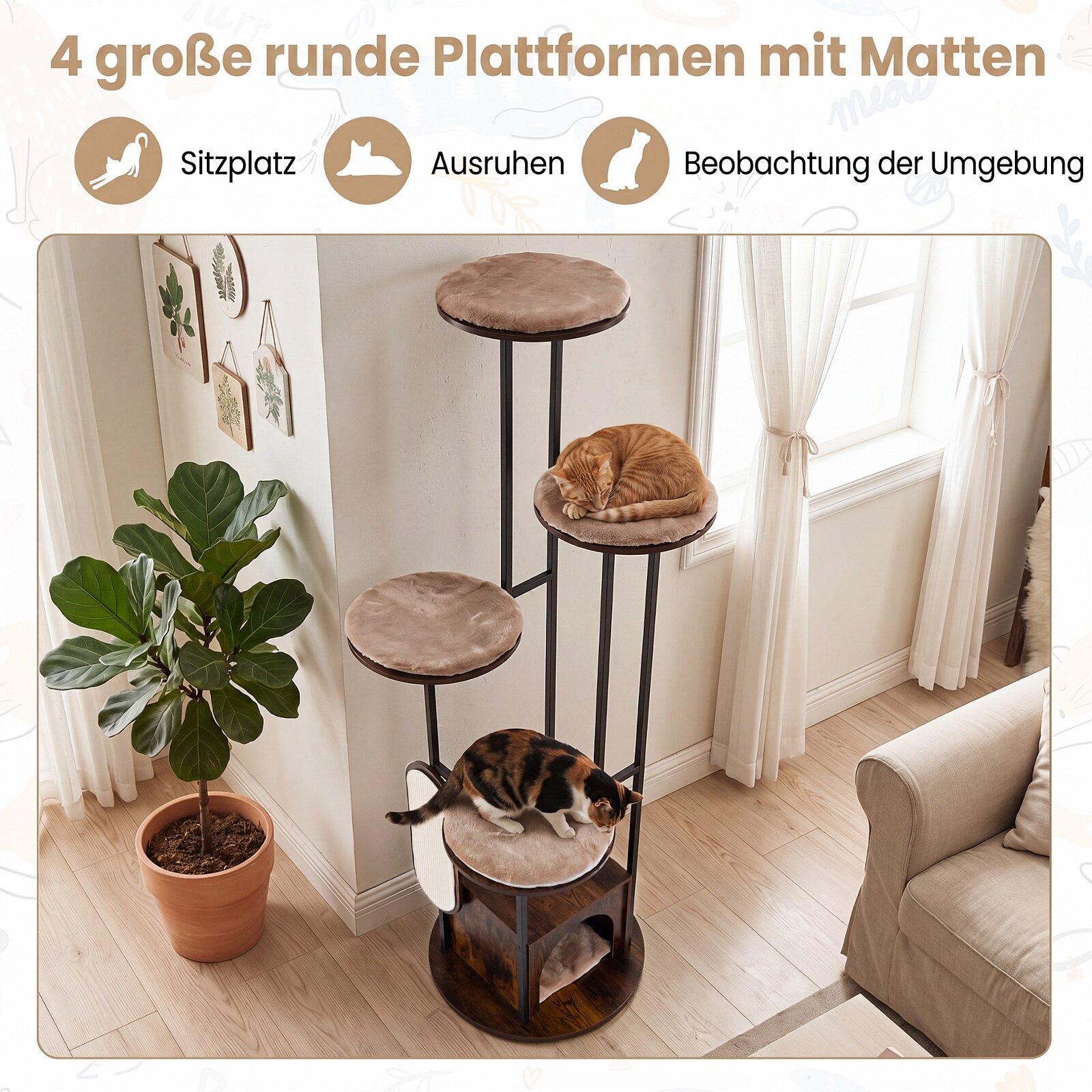 Kaķu koks ar platformām un mājiņu, 183 cm, brūns - Image 7