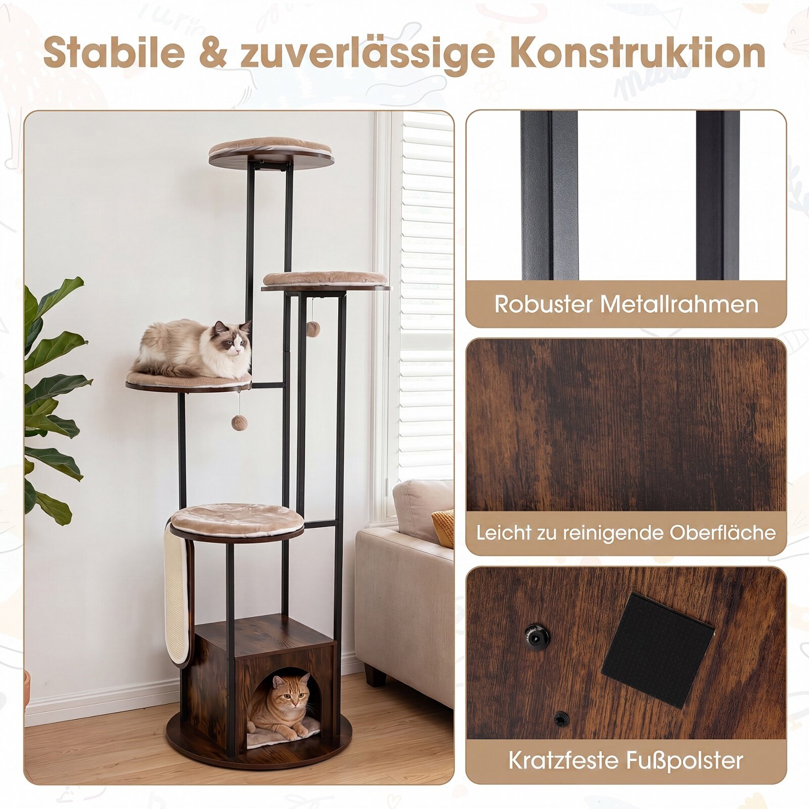 Kaķu koks ar platformām un mājiņu, 183 cm, brūns - Image 4