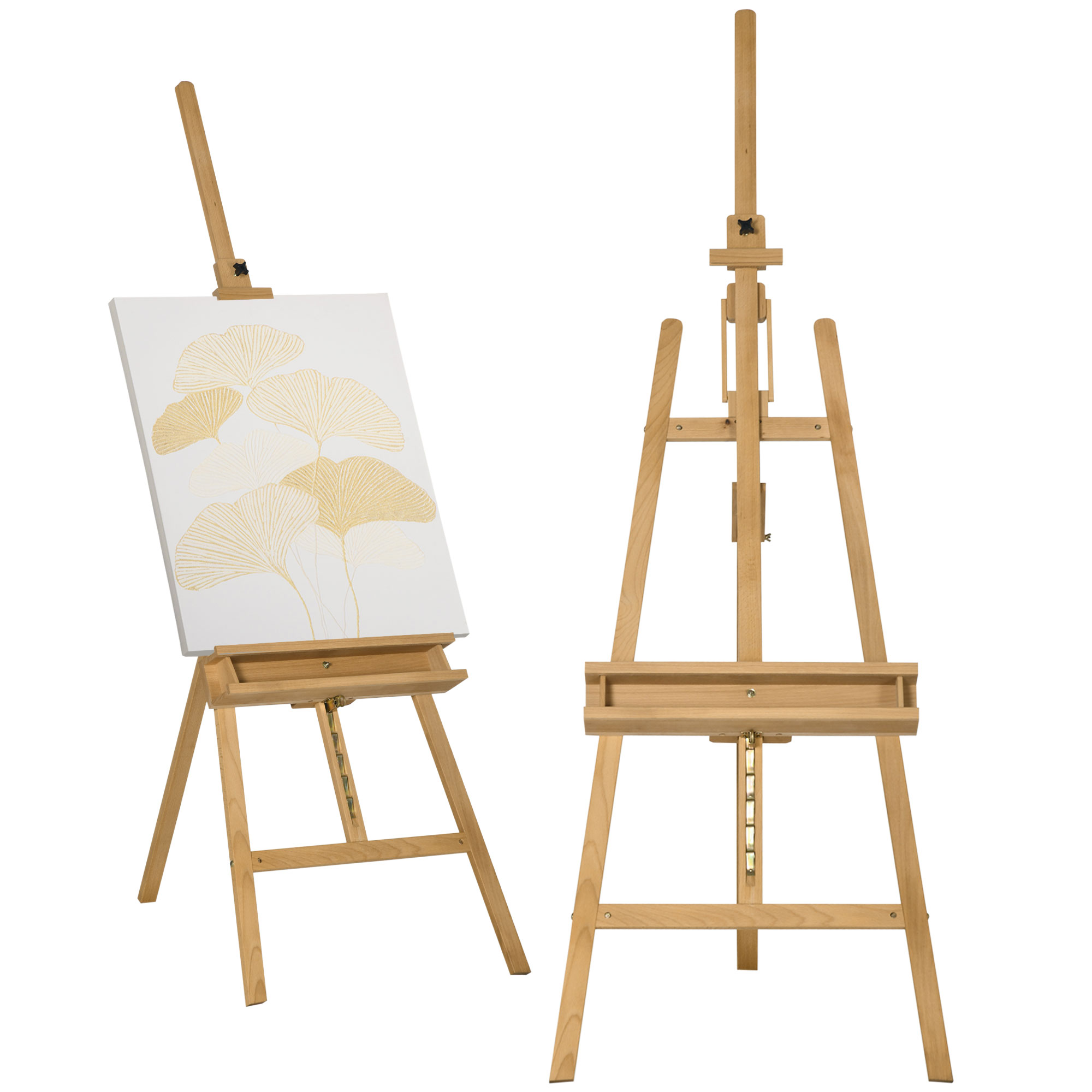 Regulējama augstuma molberts no dižskābarža koka, salokāms, dabīga koka krāsā, 65 x 110 x 180-235 cm