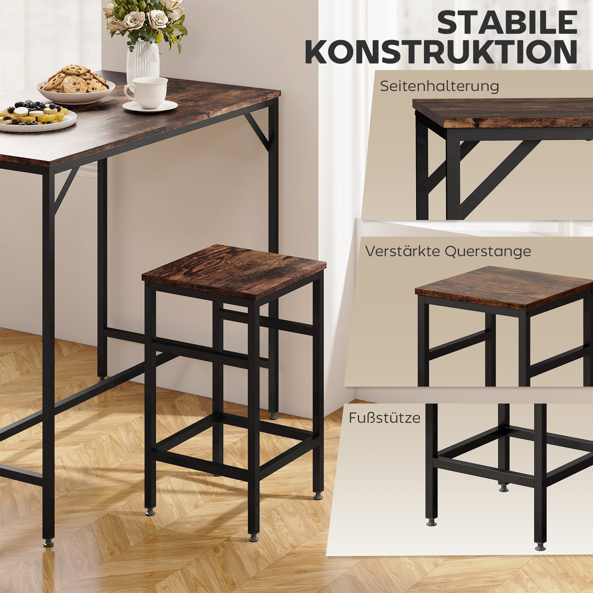 5 daļu bāra galda komplekts ar 4 taburetēm, rustic brūns un melns, MDF un tērauds, 100 x 60 x 88 cm - Image 5