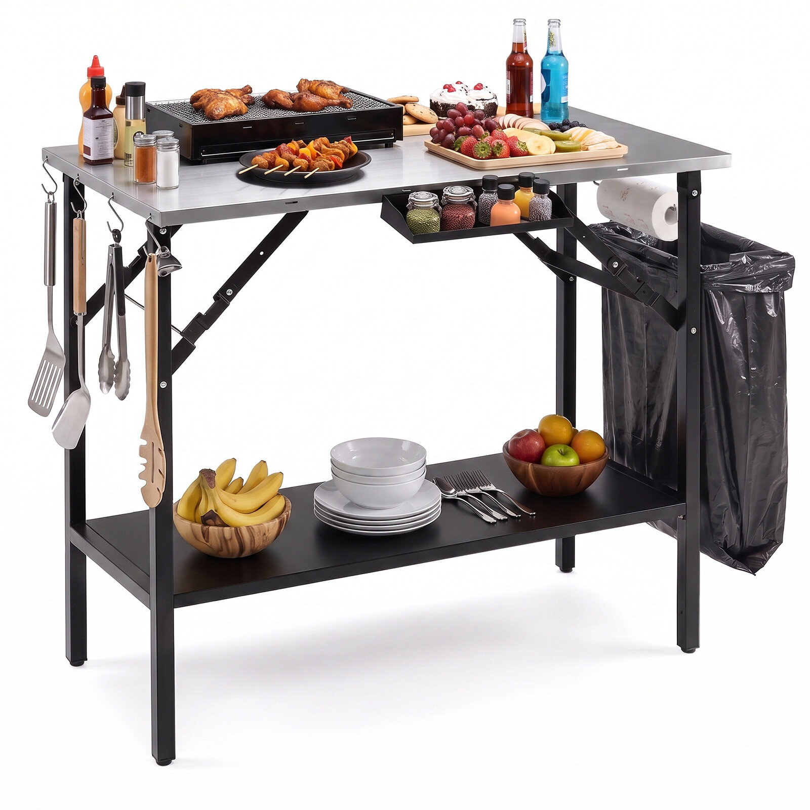 Taitettava retkeilypöytä ruostumattomalla terästyötasolla, musta ja hopea, 109 x 55 x 83 cm - Image 3