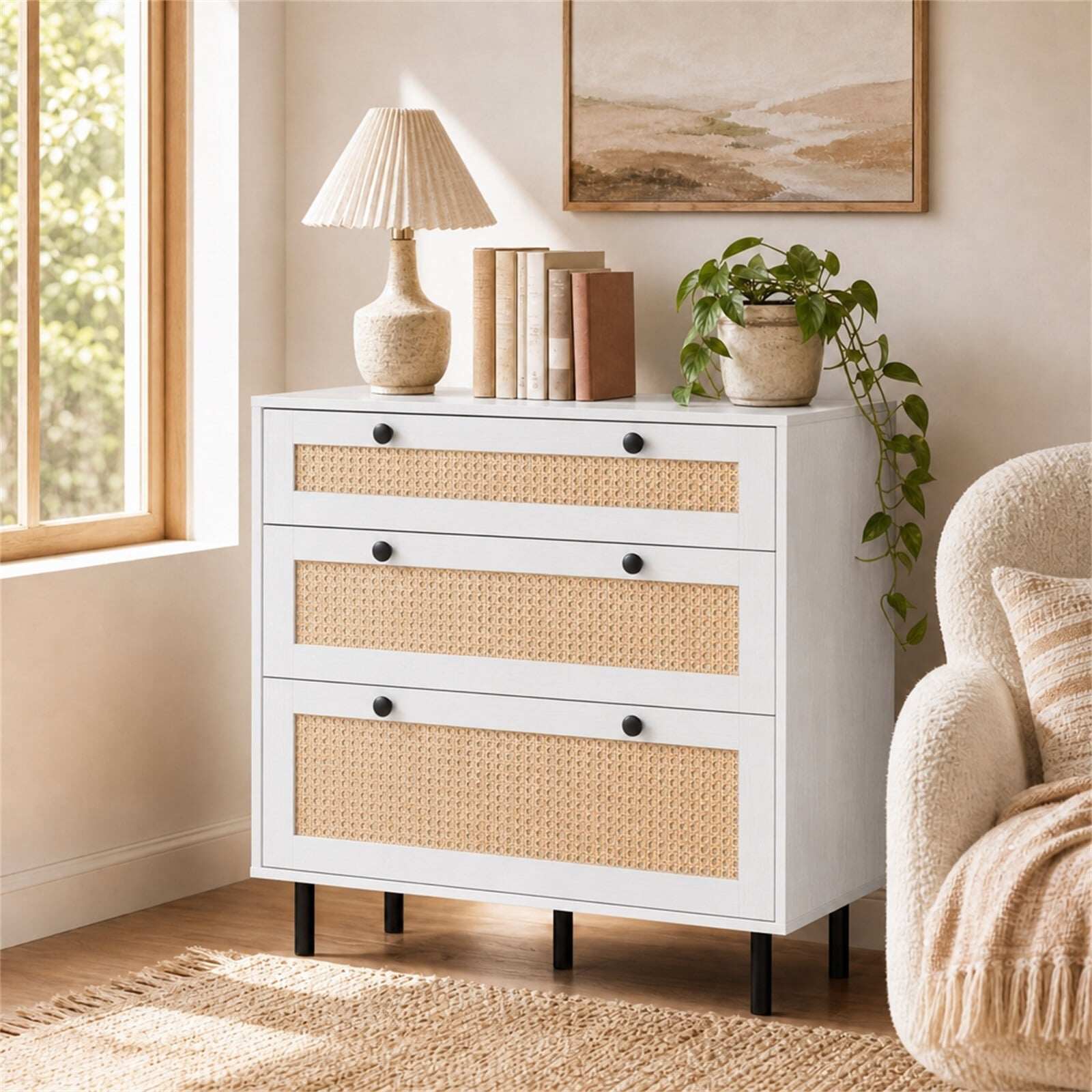 Kumode ar 3 atvilktnēm, balta, rotangpalmas dizains, 75 x 35 x 77,5 cm - Image 3