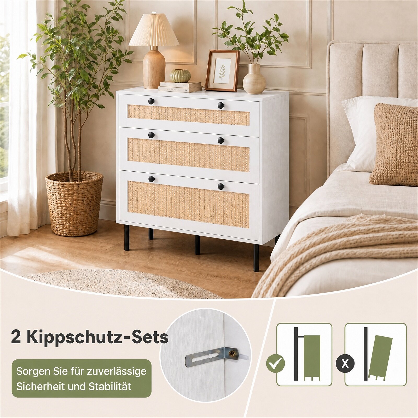 Kumode ar 3 atvilktnēm, balta, rotangpalmas dizains, 75 x 35 x 77,5 cm - Image 5